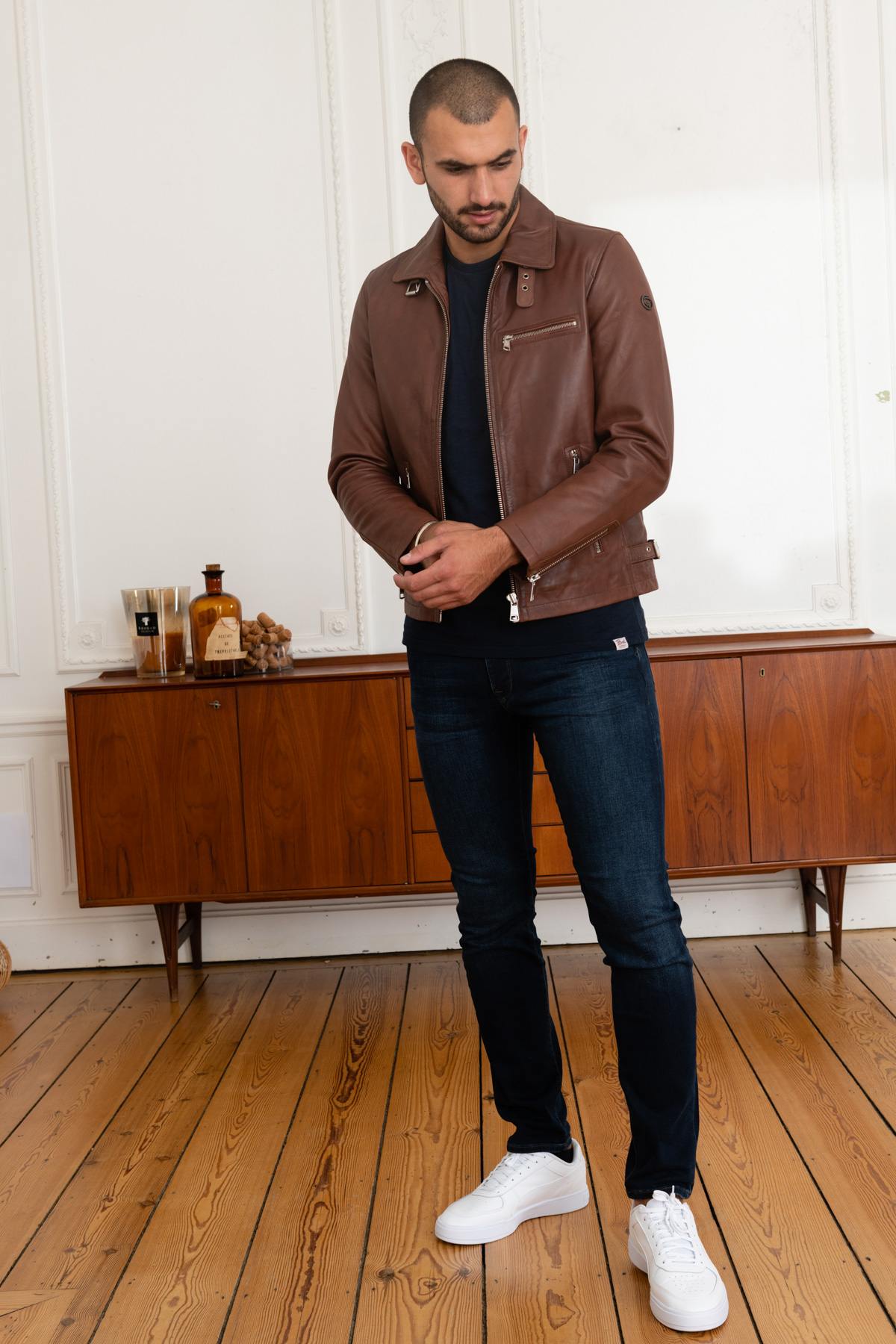 Cognac leather shirt collar jacket - Image n°2