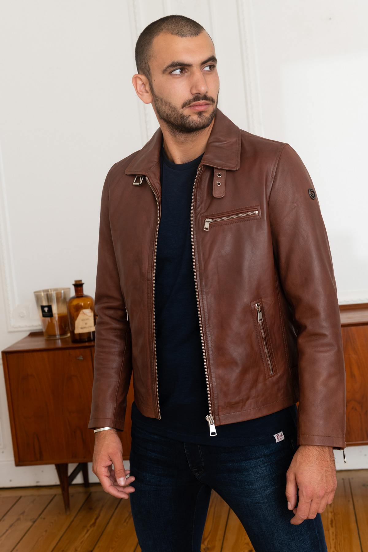 Cognac leather shirt collar jacket - Image n°6