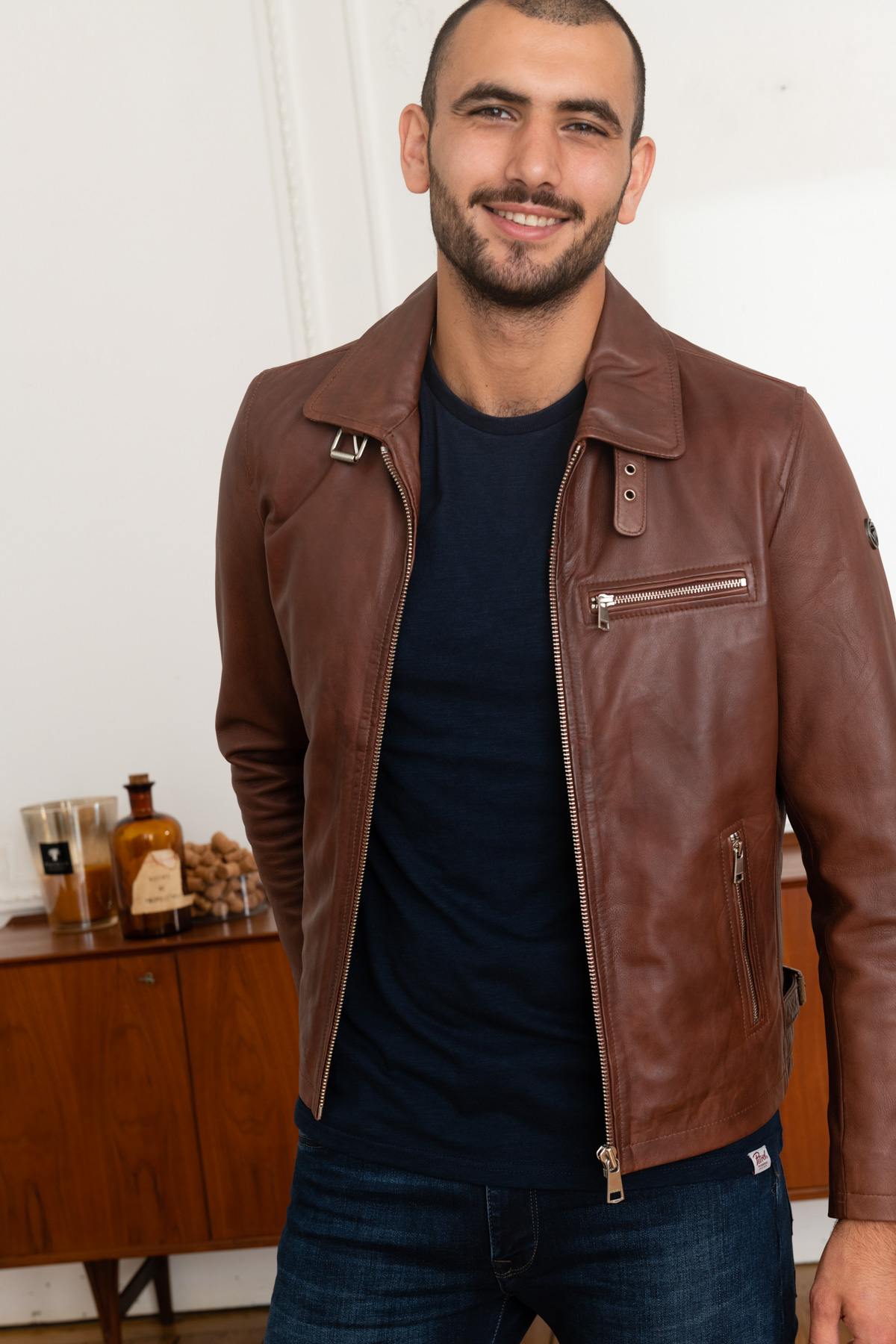 Cognac leather shirt collar jacket - Image n°1