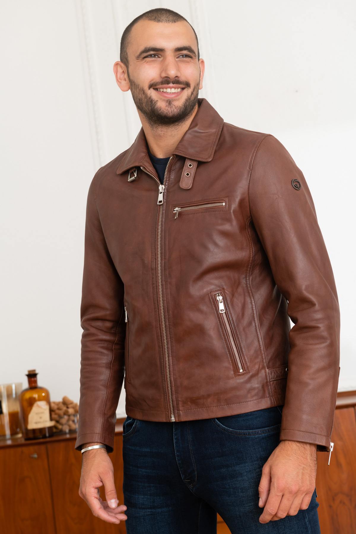 Cognac leather shirt collar jacket - Image n°3