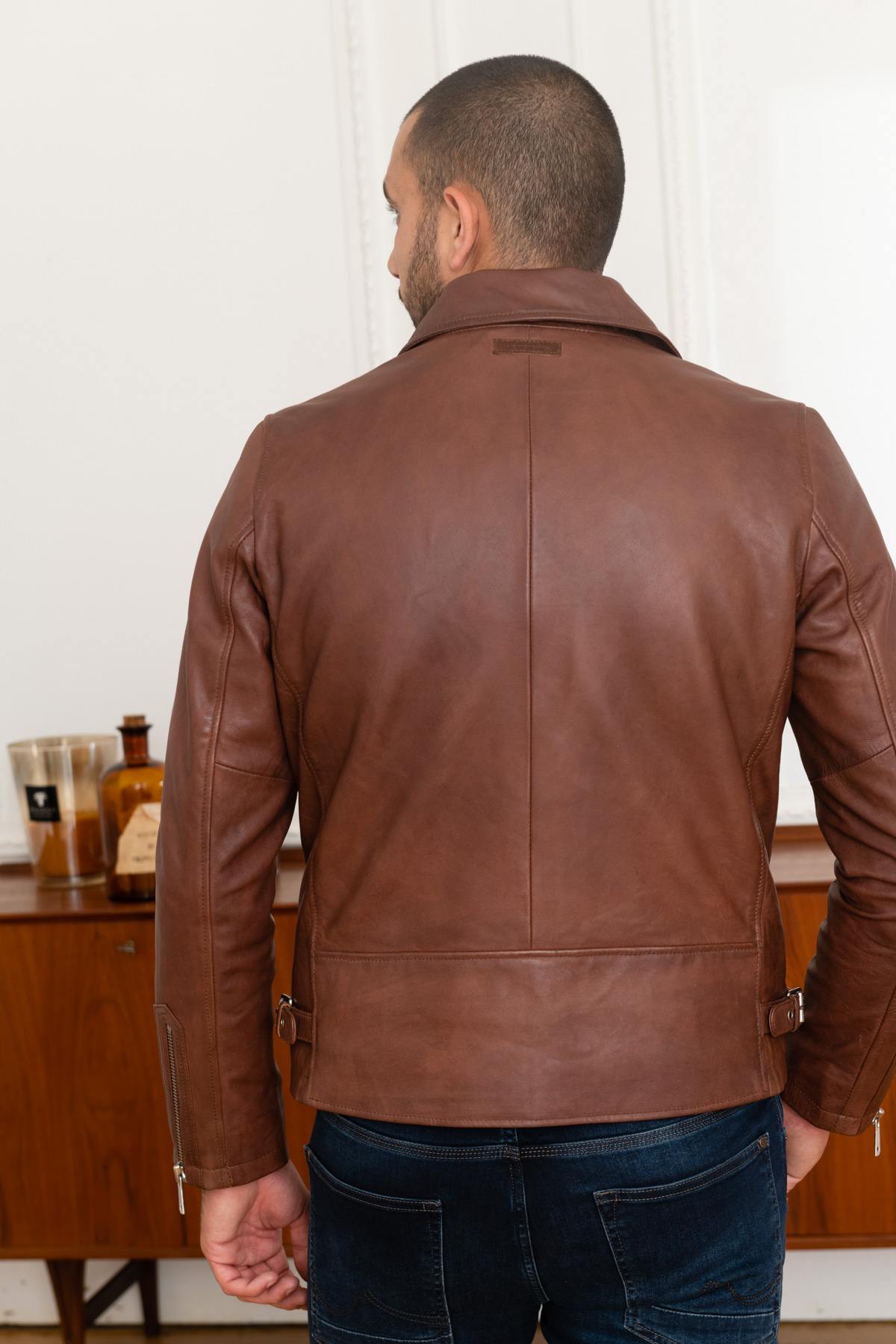 Cognac leather shirt collar jacket - Image n°5