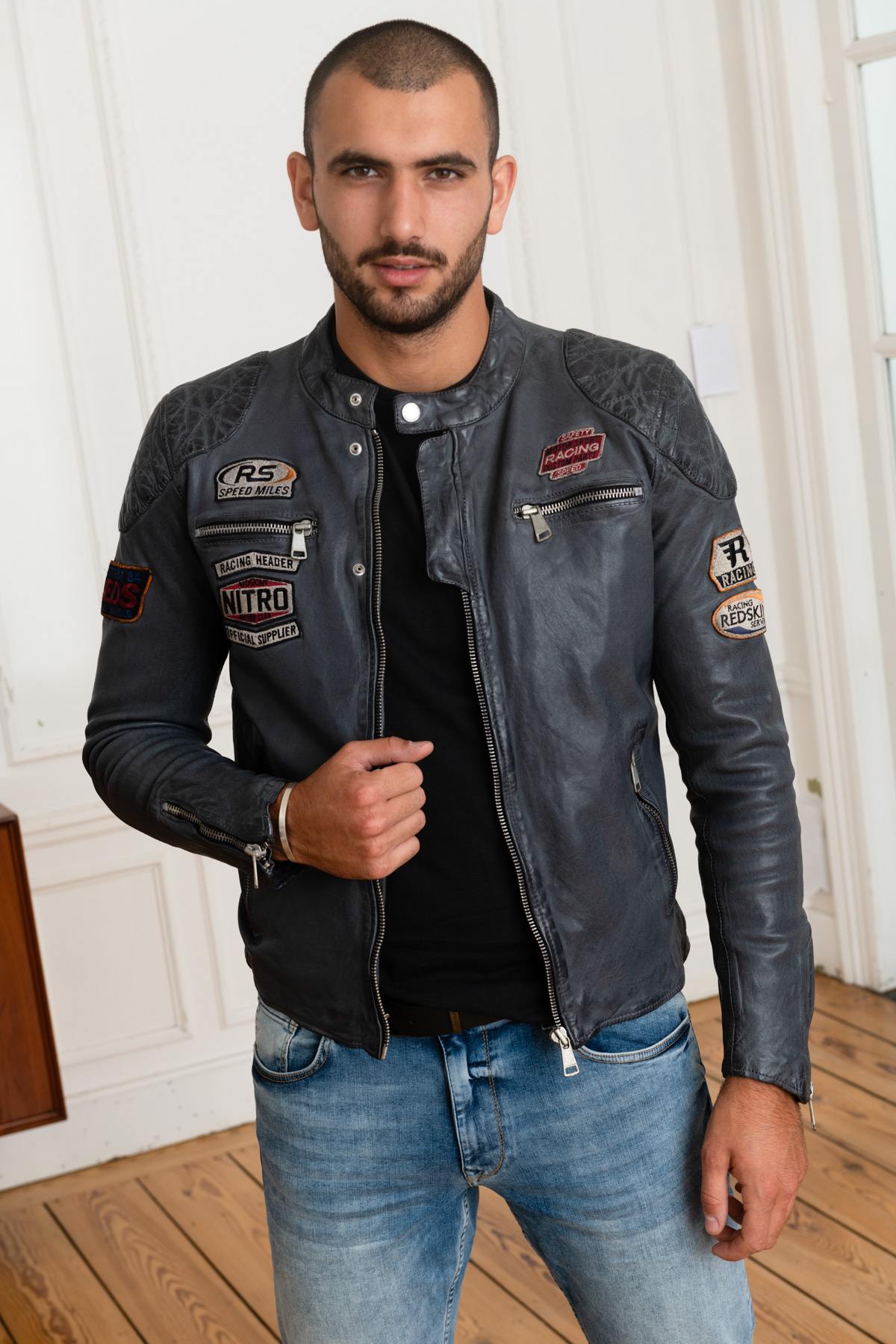 Gray leather racing jacket - Image n°6