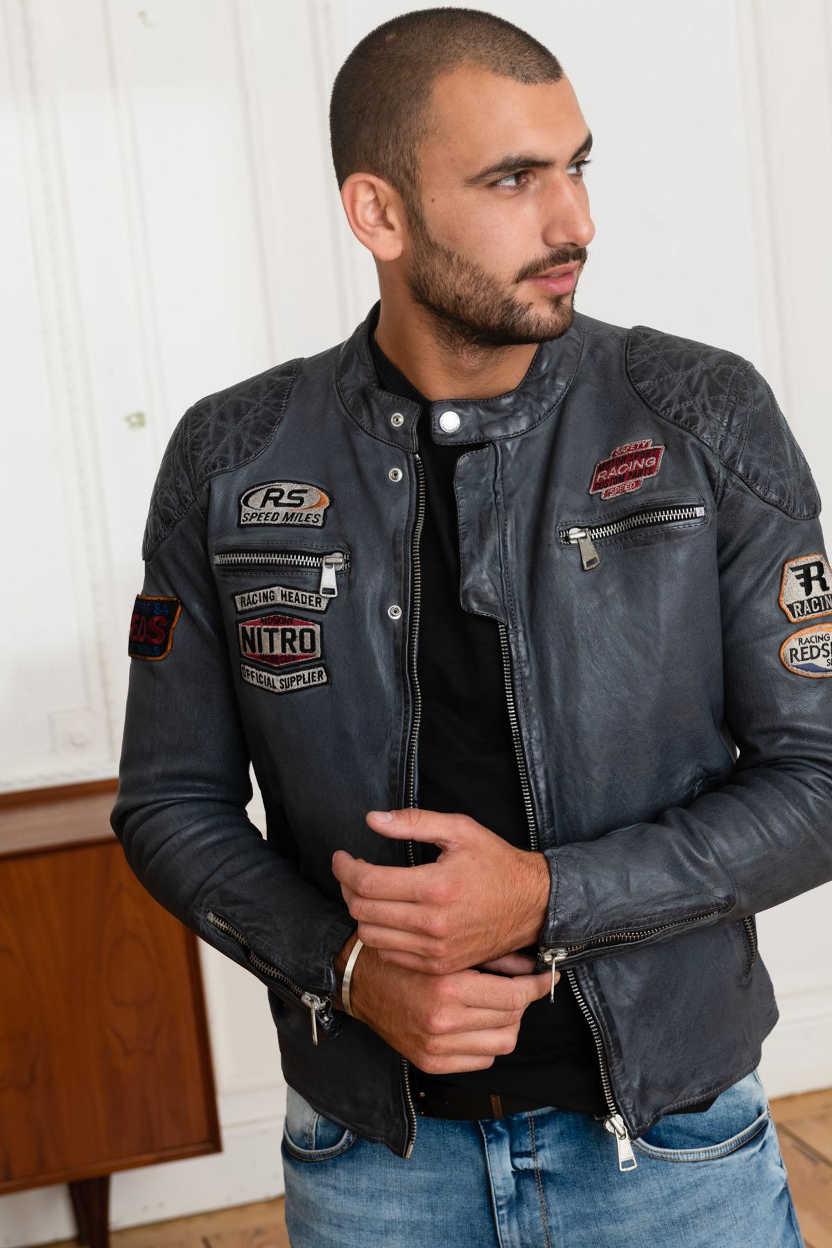 Gray leather racing jacket - Image n°1