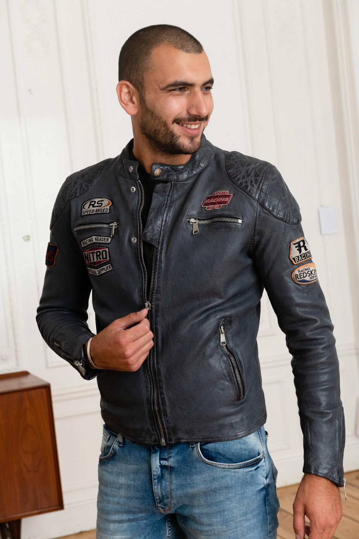 Gray leather racing jacket - Image n°3