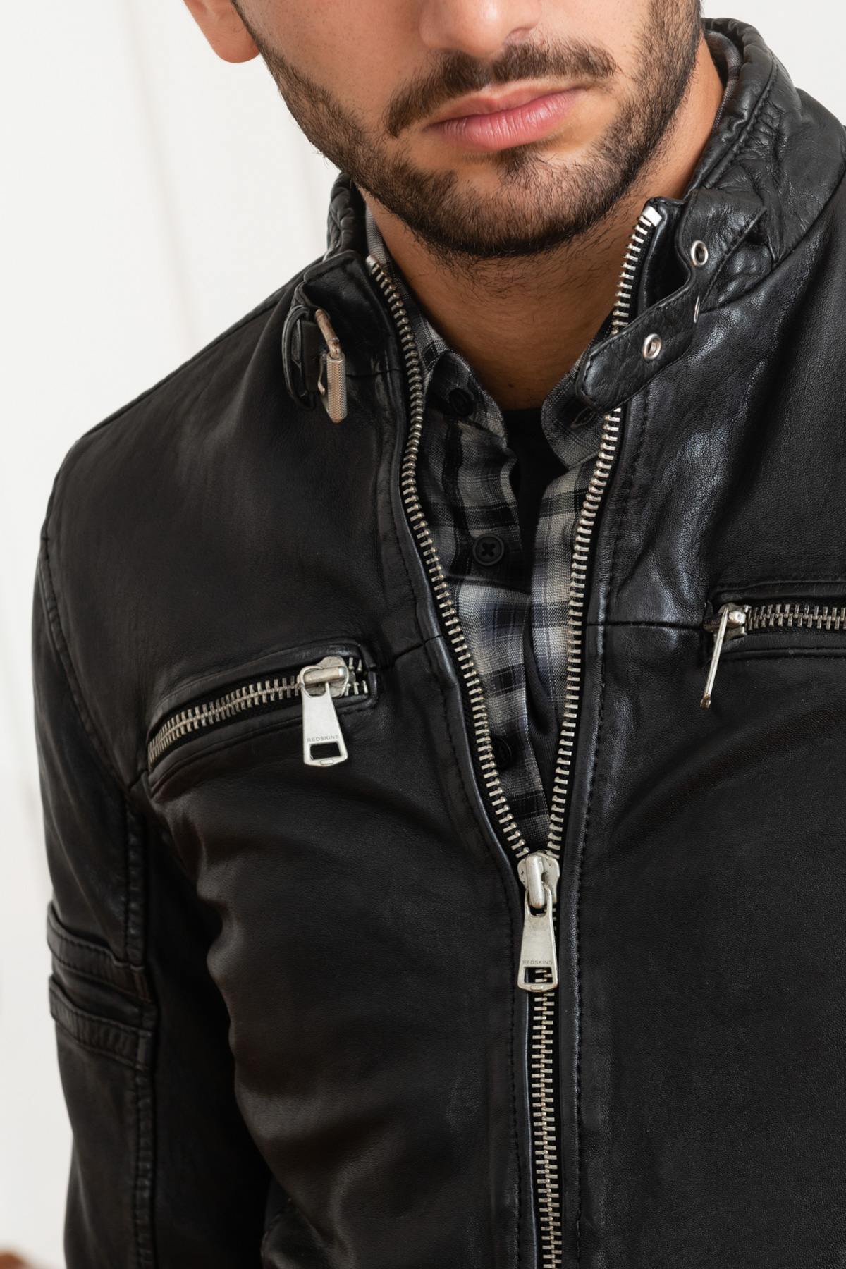 Black leather biker collar jacket - Image n°7