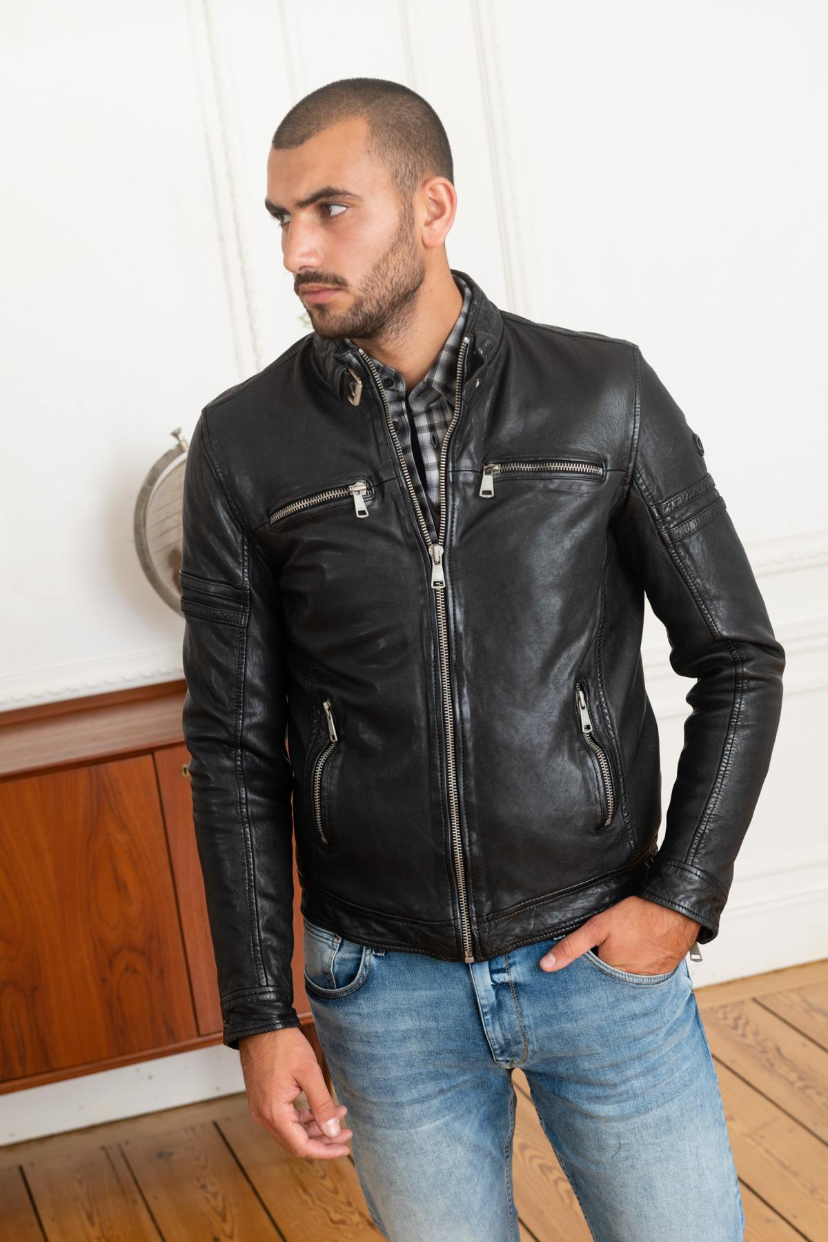 Black leather biker collar jacket - Image n°3