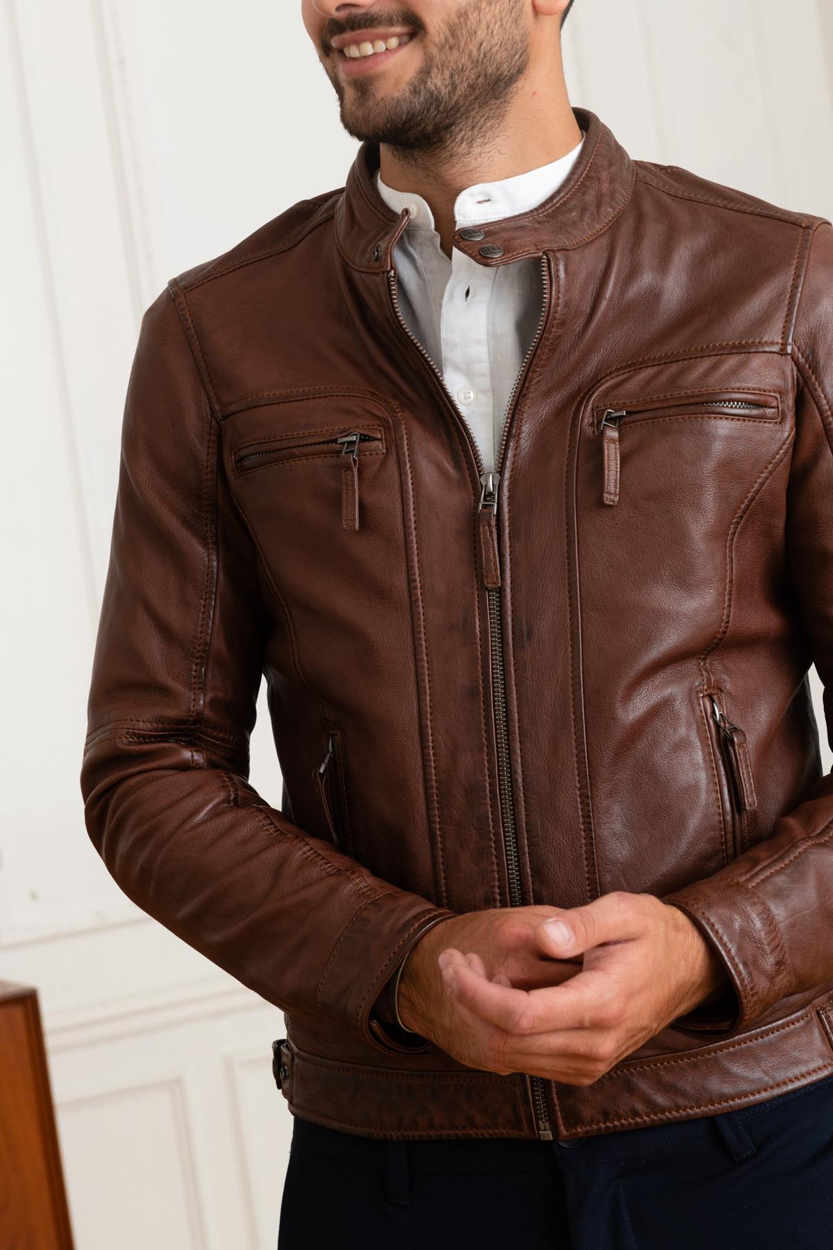 Brown slim-fit leather jacket - Image n°6