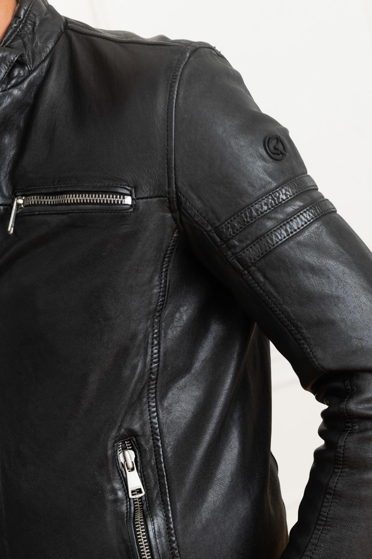 Black leather biker collar jacket - Image n°6