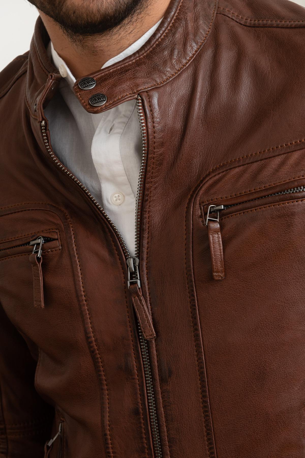 Brown slim-fit leather jacket - Image n°7