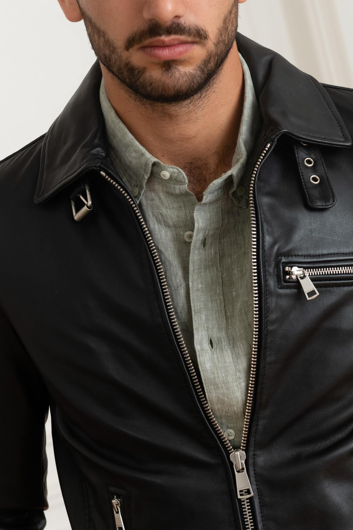 Biker-style leather jacket with shirt collar - Image n°8