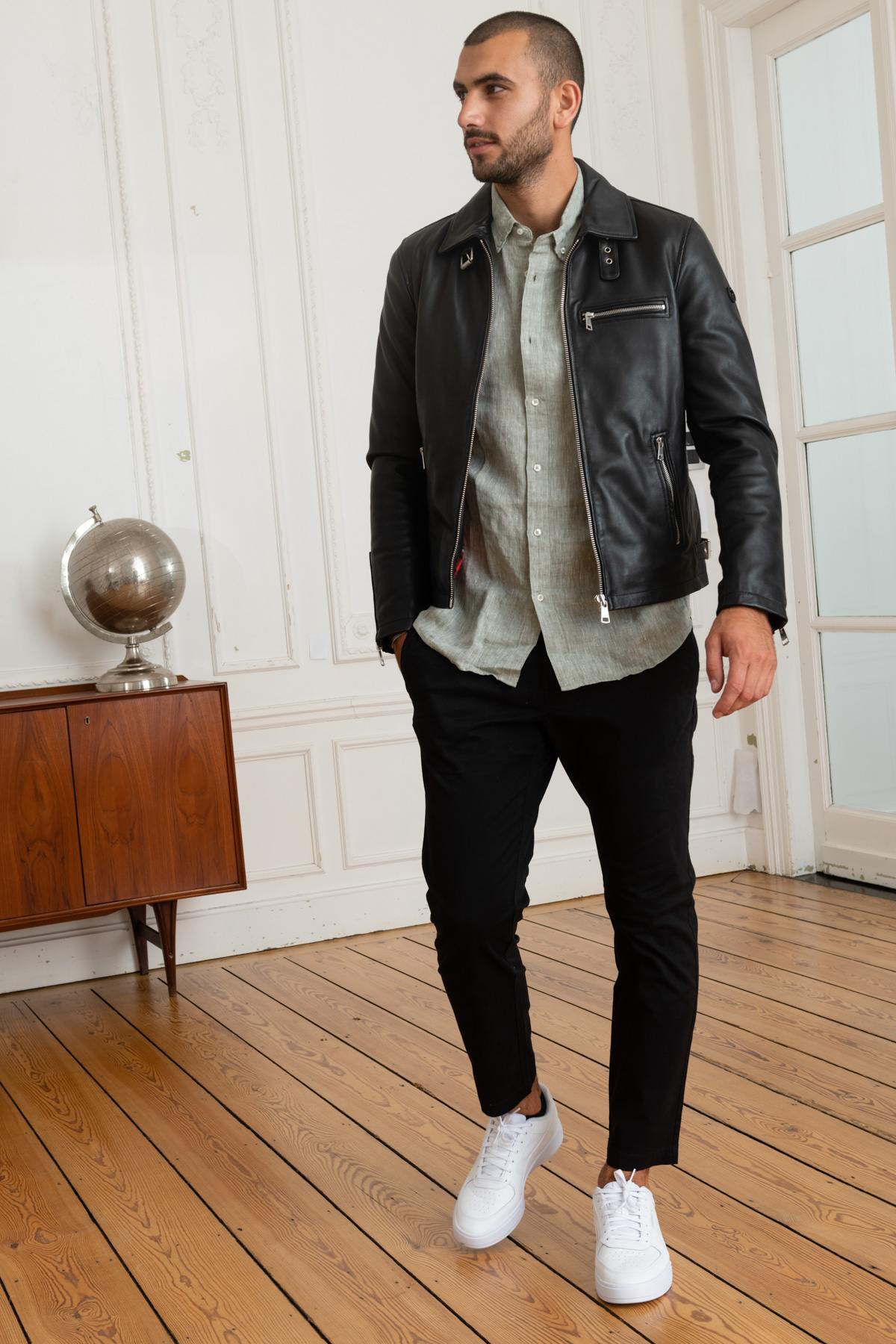 Biker-style leather jacket with shirt collar - Image n°2