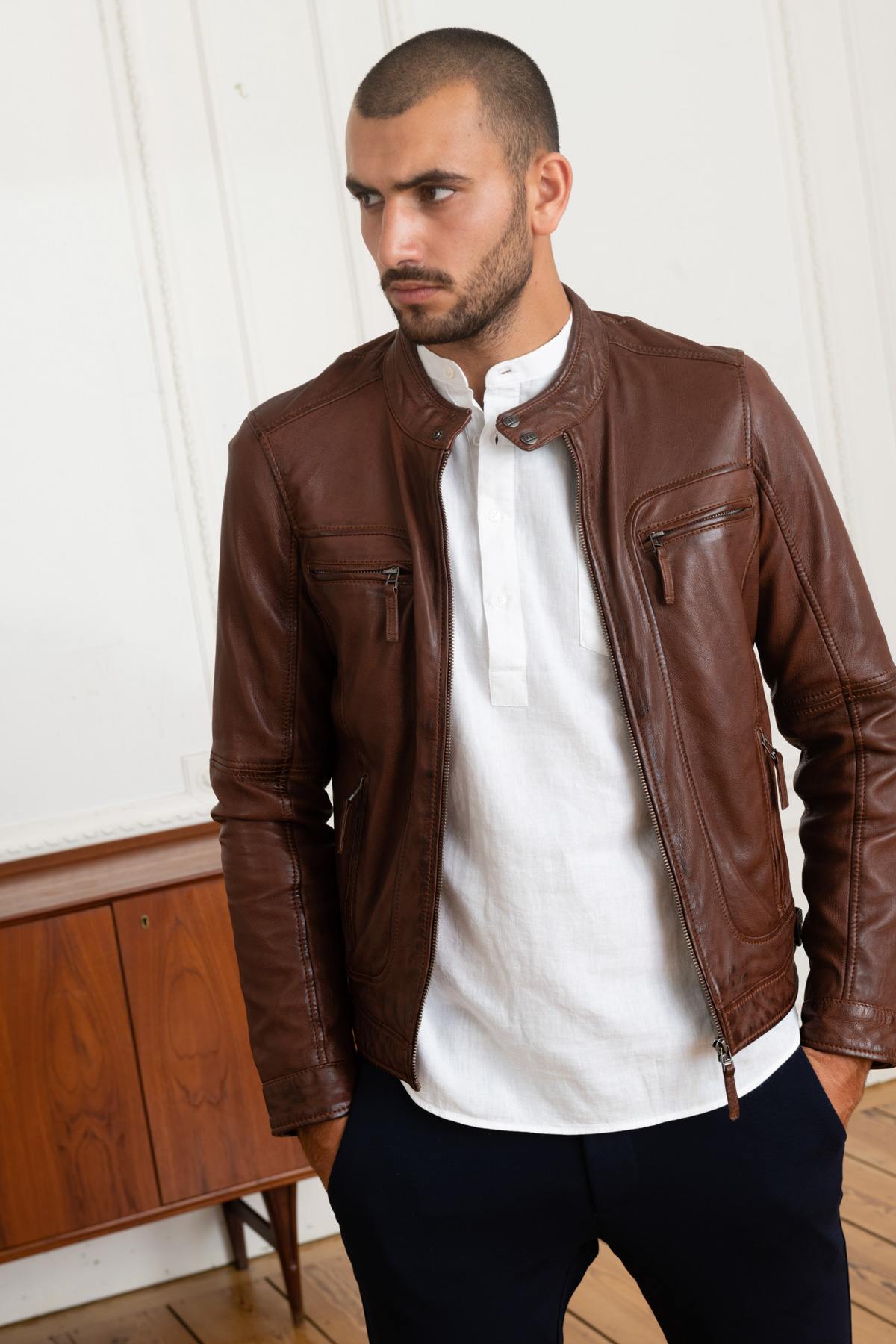 Brown slim-fit leather jacket - Image n°3