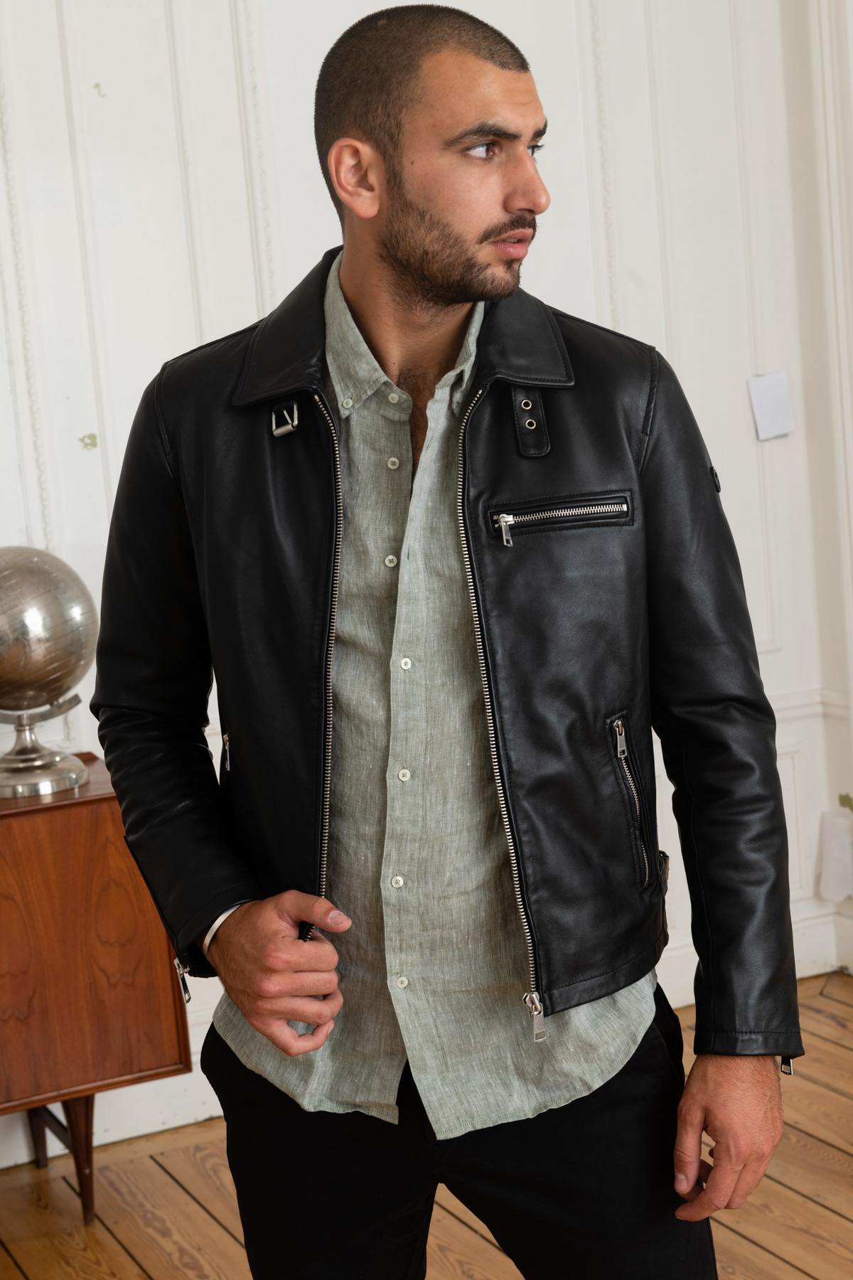 Biker-style leather jacket with shirt collar - Image n°6