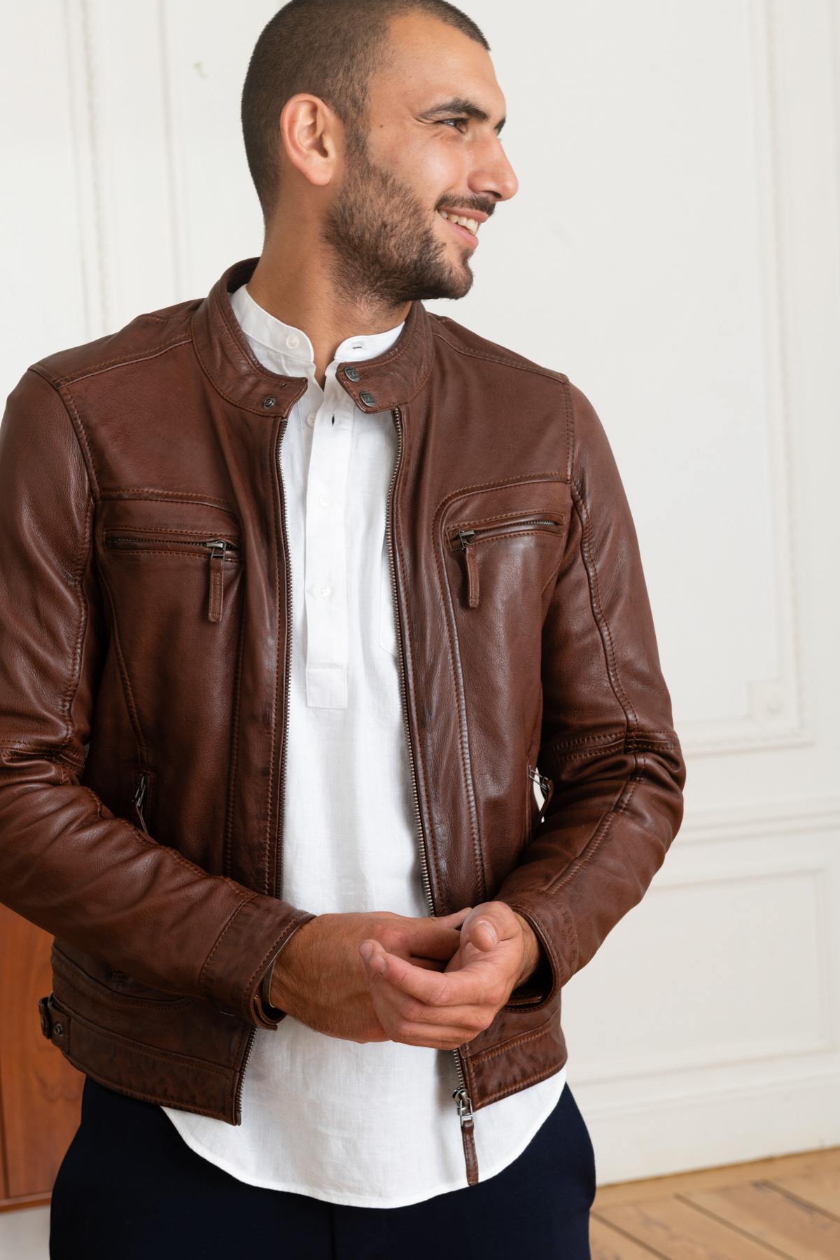 Brown slim-fit leather jacket - Image n°8