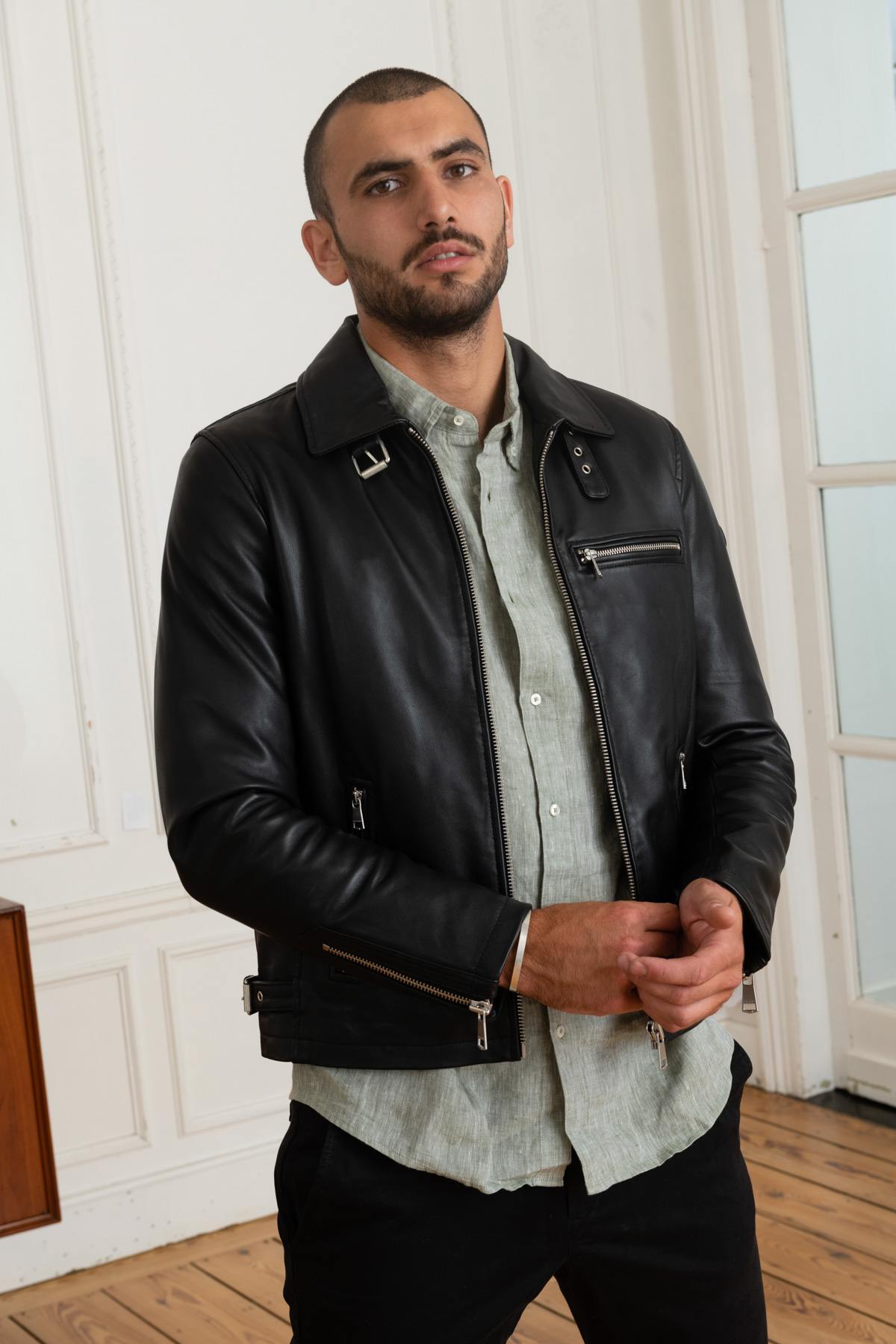 Biker-style leather jacket with shirt collar - Image n°3