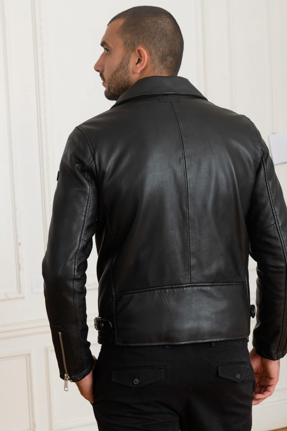 Biker-style leather jacket with shirt collar - Image n°5