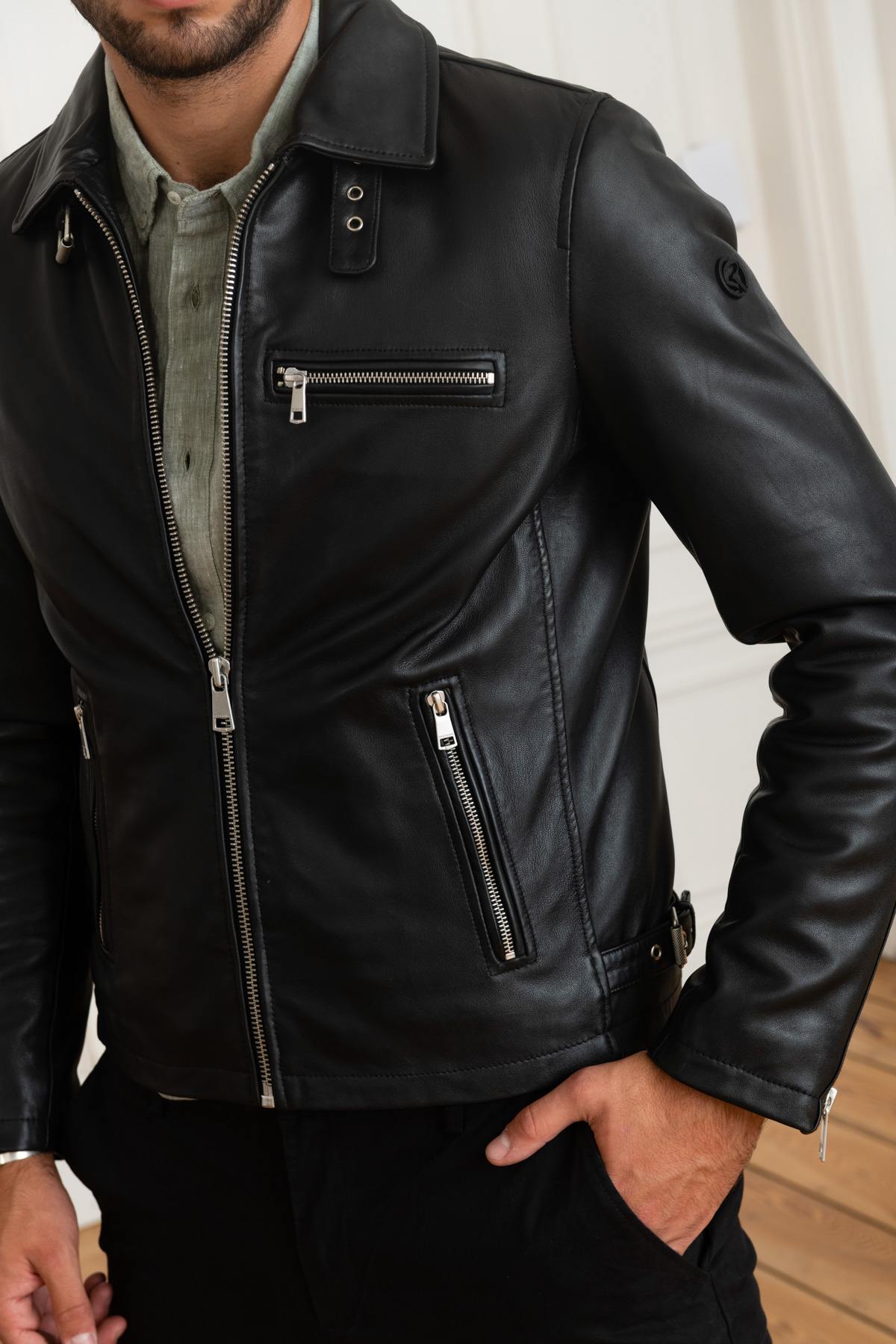 Biker-style leather jacket with shirt collar - Image n°7