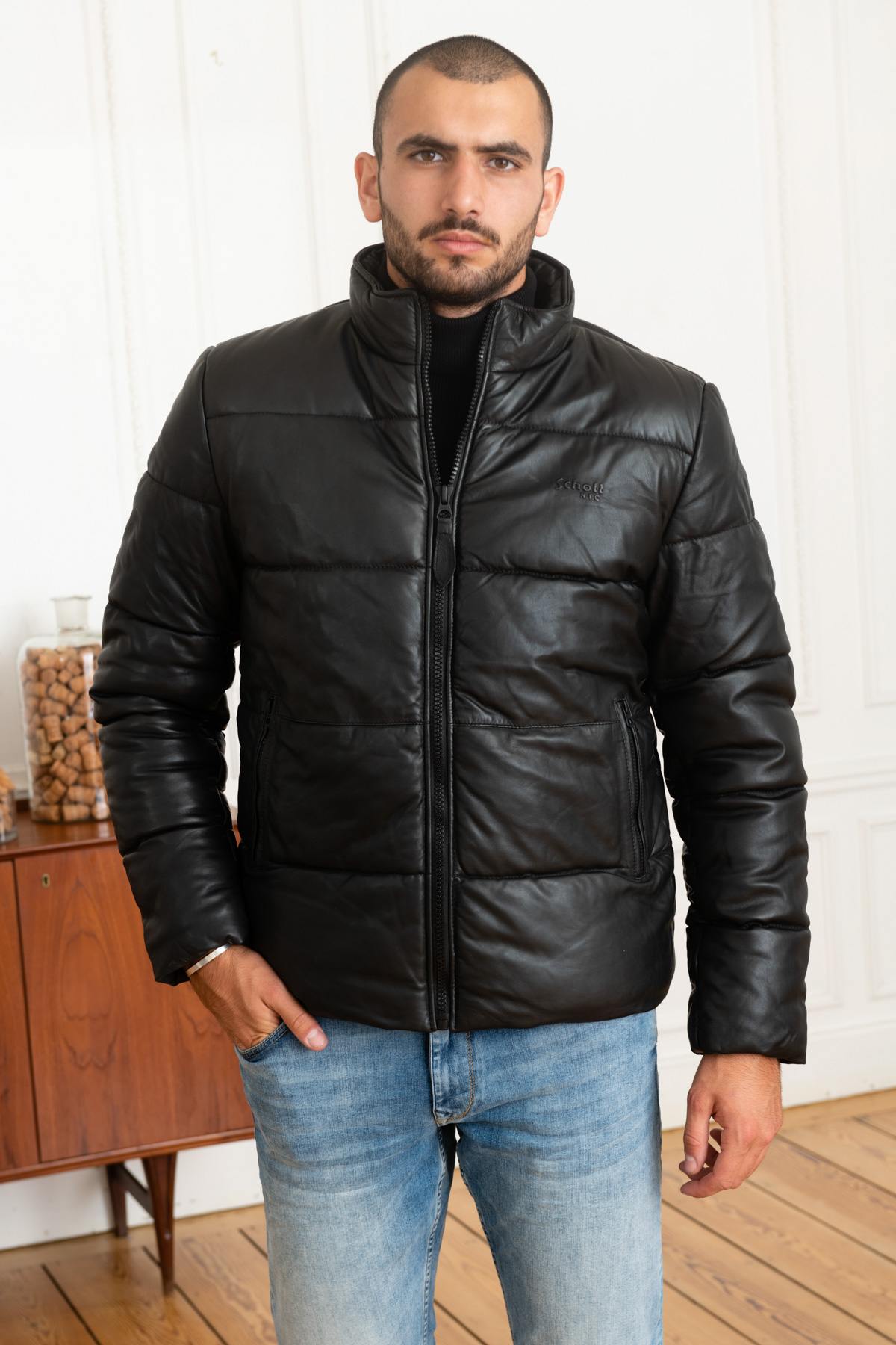 Warm down jacket in black genuine leather - Image n°6