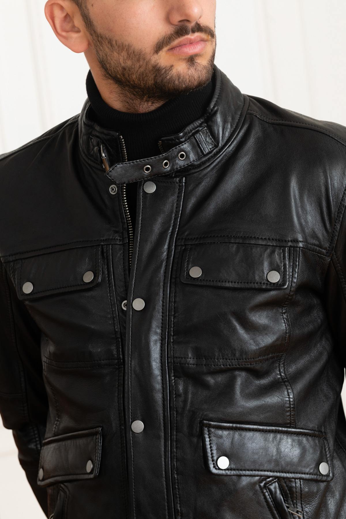 Slim fit black leather stand-up collar jacket - Image n°7