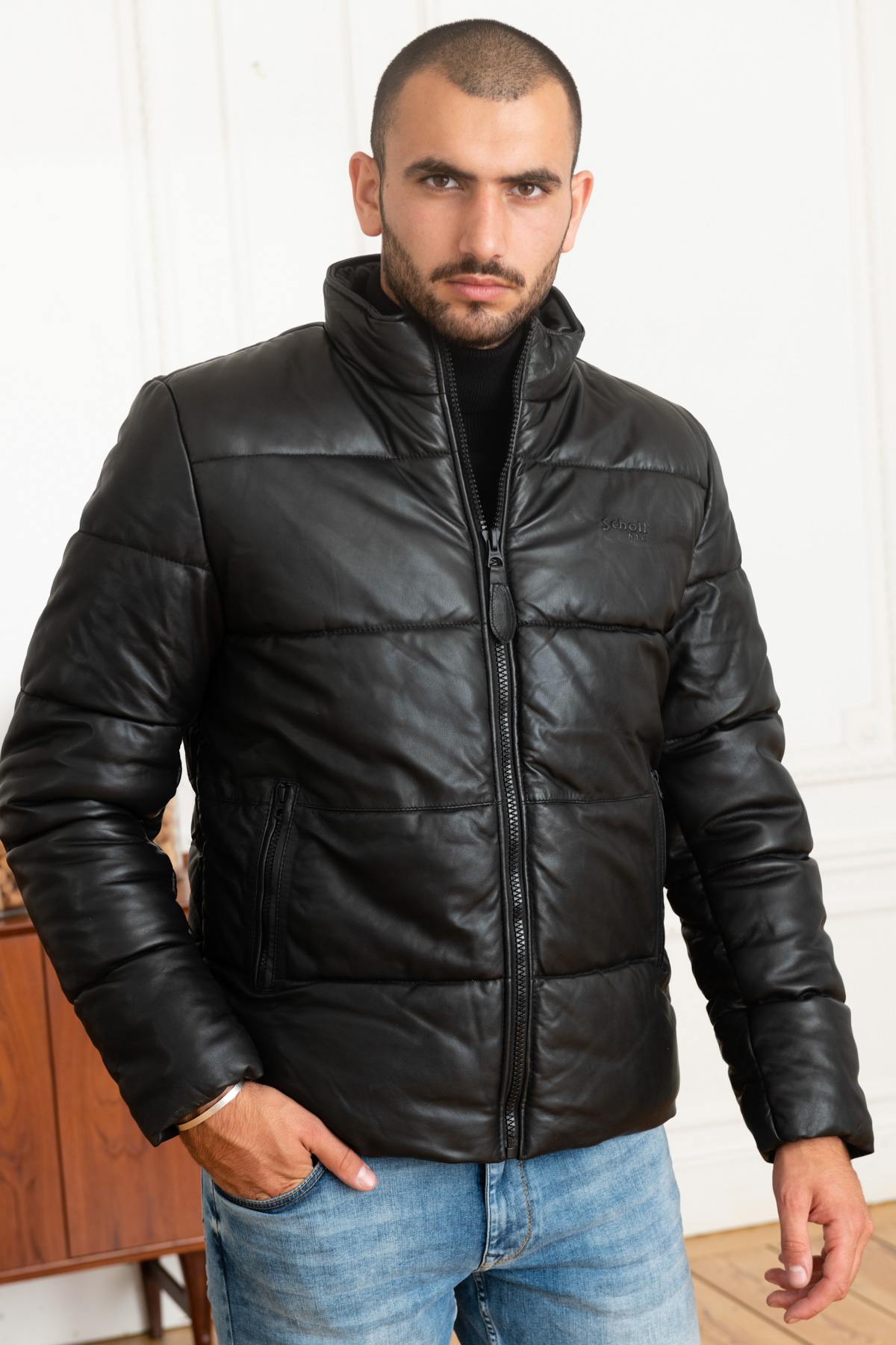 Warm down jacket in black genuine leather - Image n°1