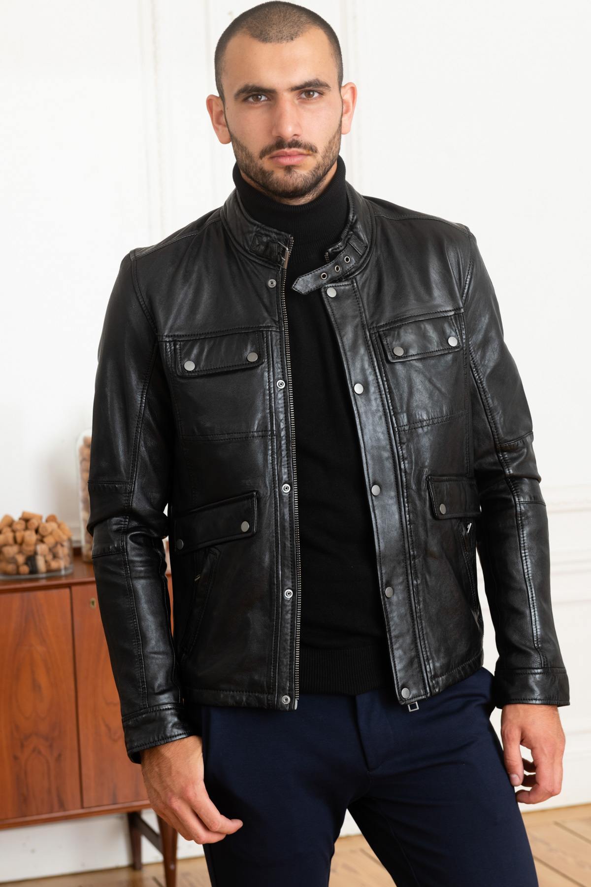 Slim fit black leather stand-up collar jacket - Image n°3