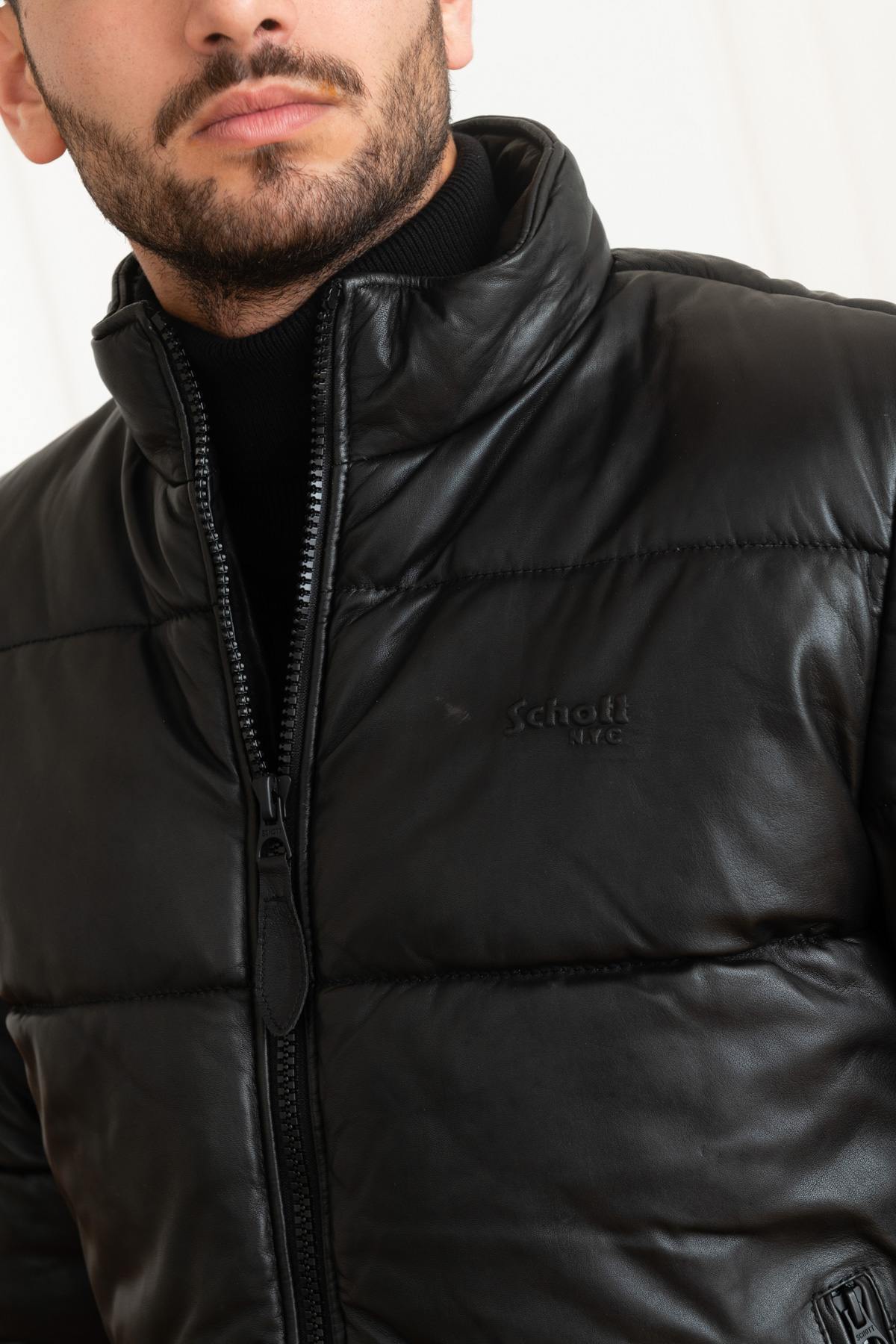 Warm down jacket in black genuine leather - Image n°8