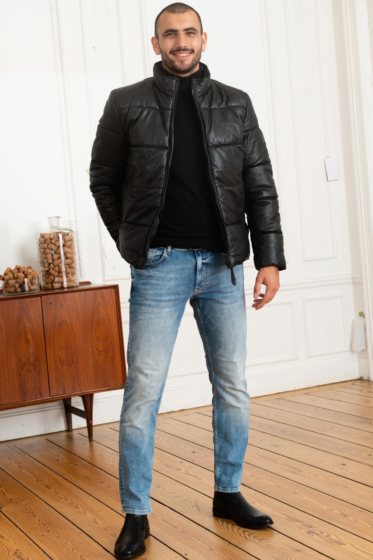 Warm down jacket in black genuine leather - Image n°2