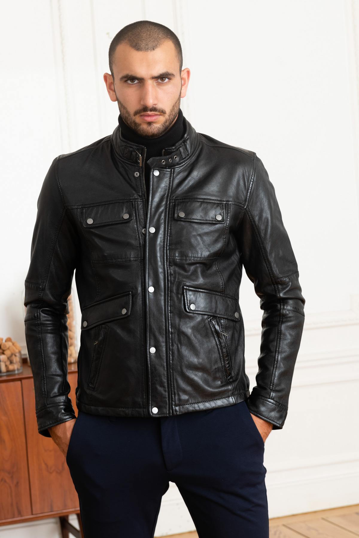 Slim fit black leather stand-up collar jacket - Image n°1