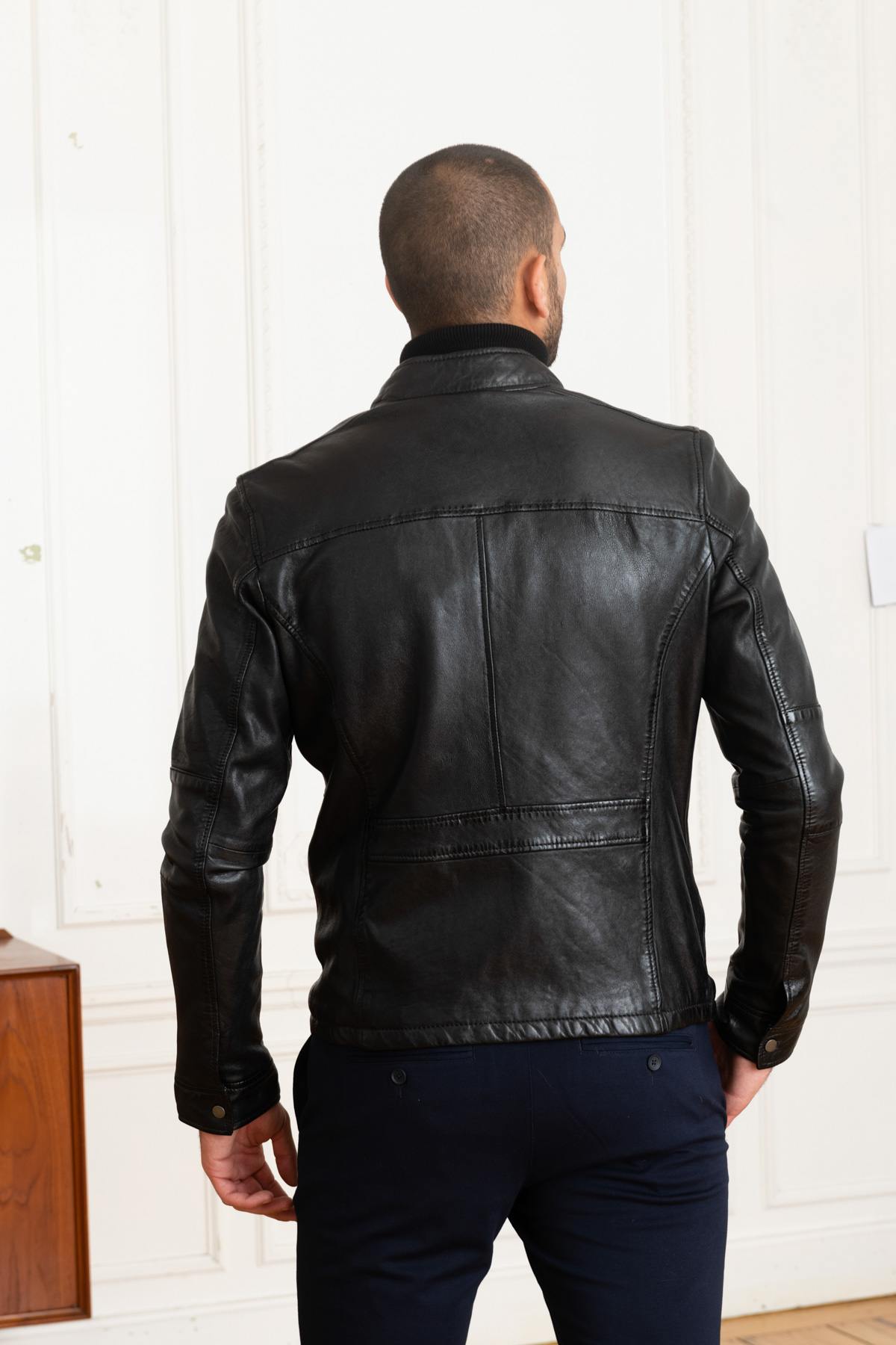 Slim fit black leather stand-up collar jacket - Image n°5