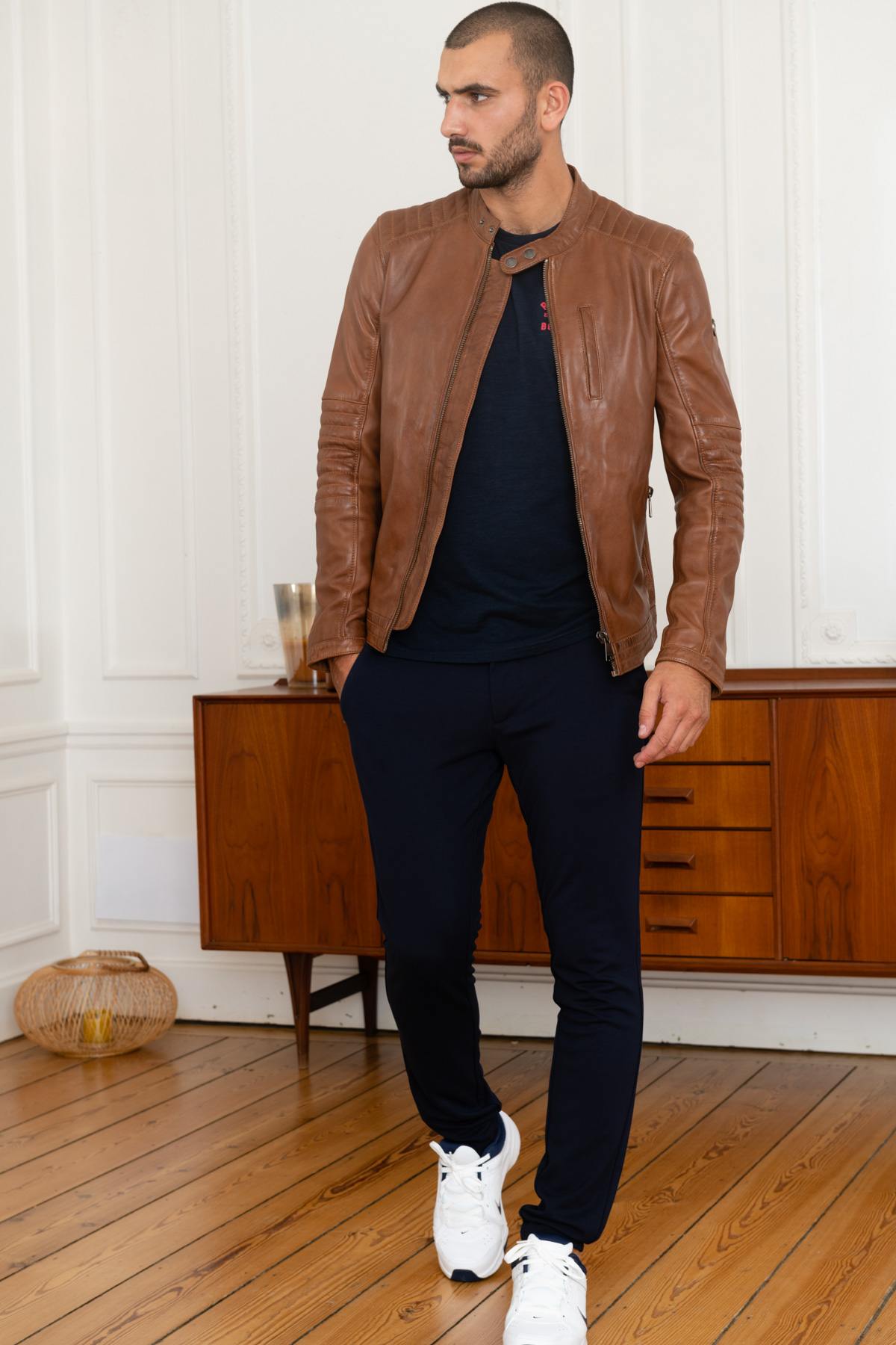 Biker-style jacket in cognac leather - Image n°2