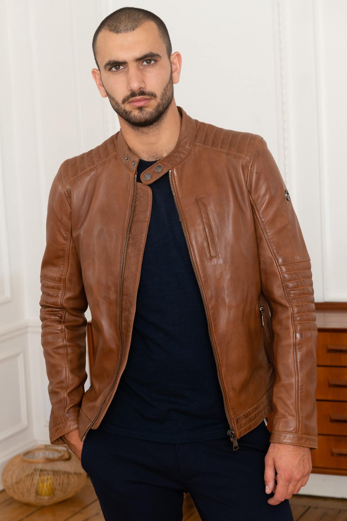 Biker-style jacket in cognac leather - Image n°1