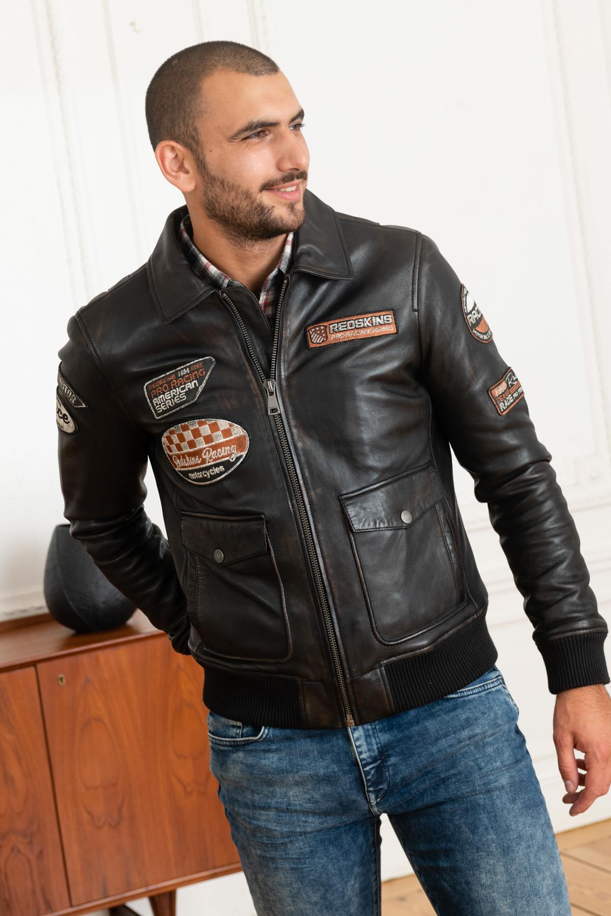 Vintage racing jacket in aged leather - Image n°1