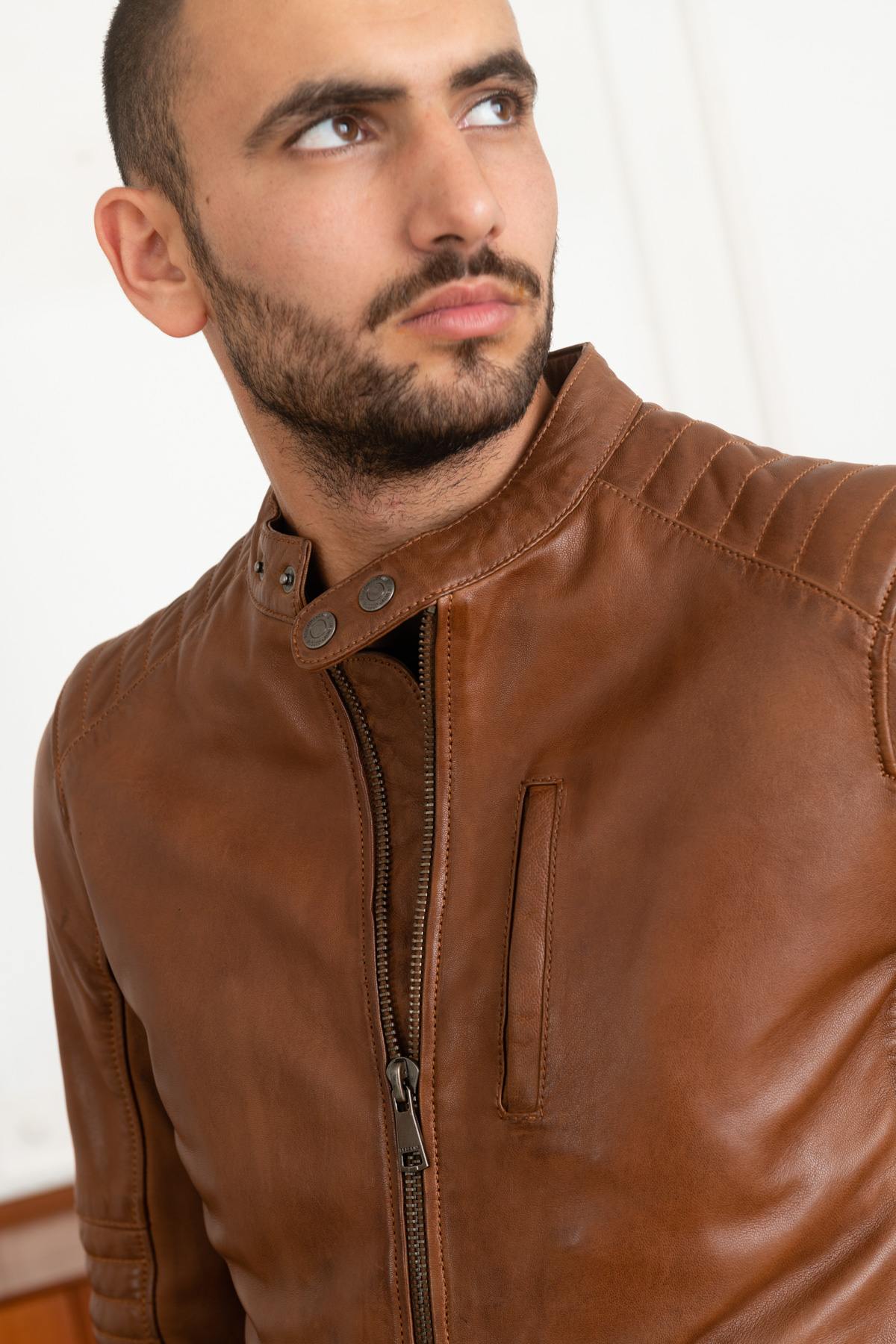 Biker-style jacket in cognac leather - Image n°9