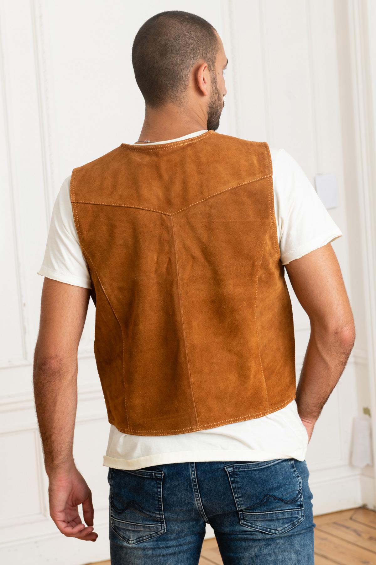 Cognac suede leather sleeveless vest - Image n°3