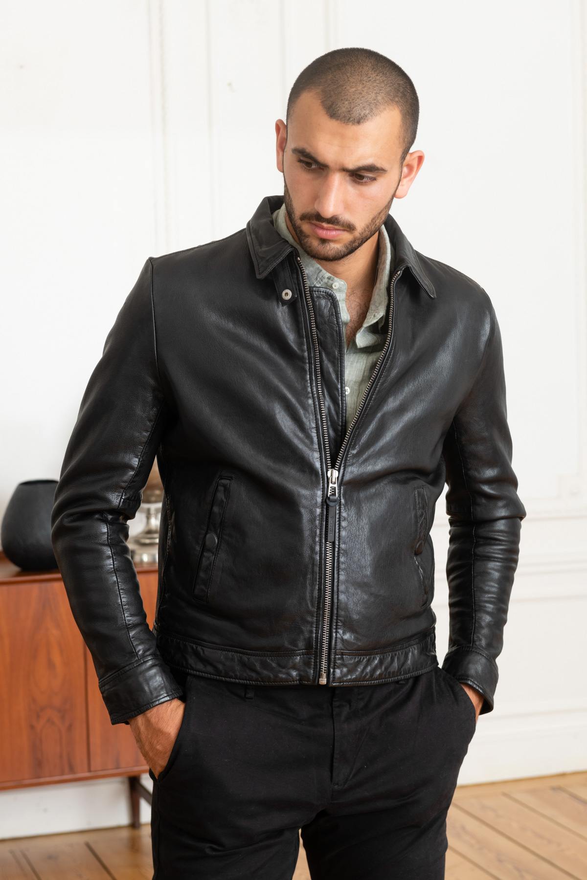 Ecofriendly black leather shirt collar jacket - Image n°1