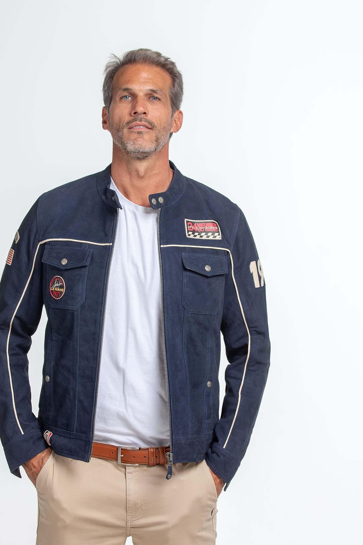 Vintage racing jacket in blue nubuck - Image n°1