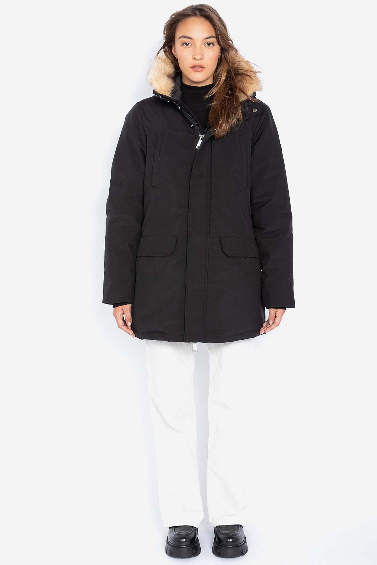 Women's black parka with detachable fur-lined hood - Image n°3