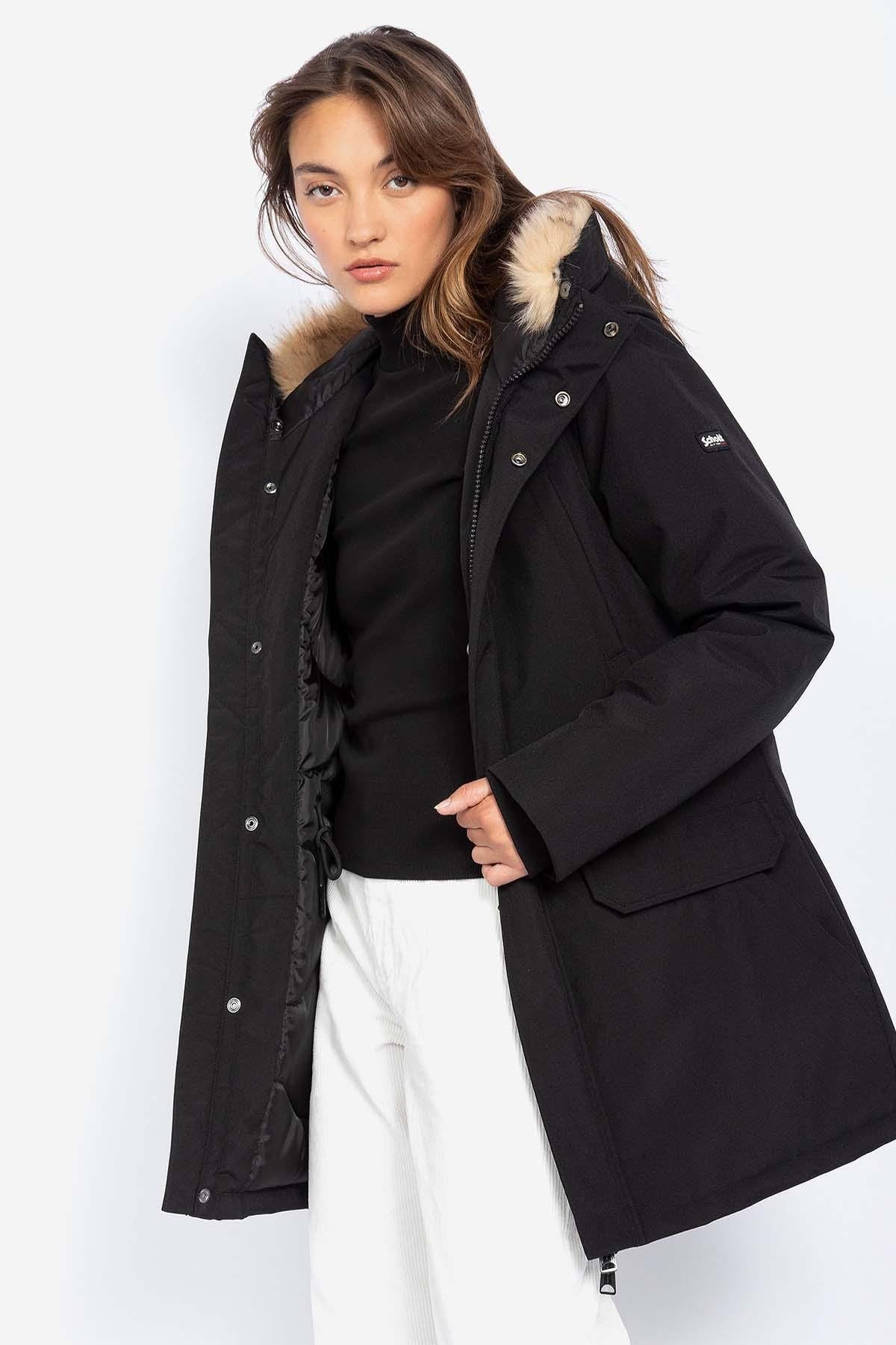 Women's black parka with detachable fur-lined hood - Image n°4