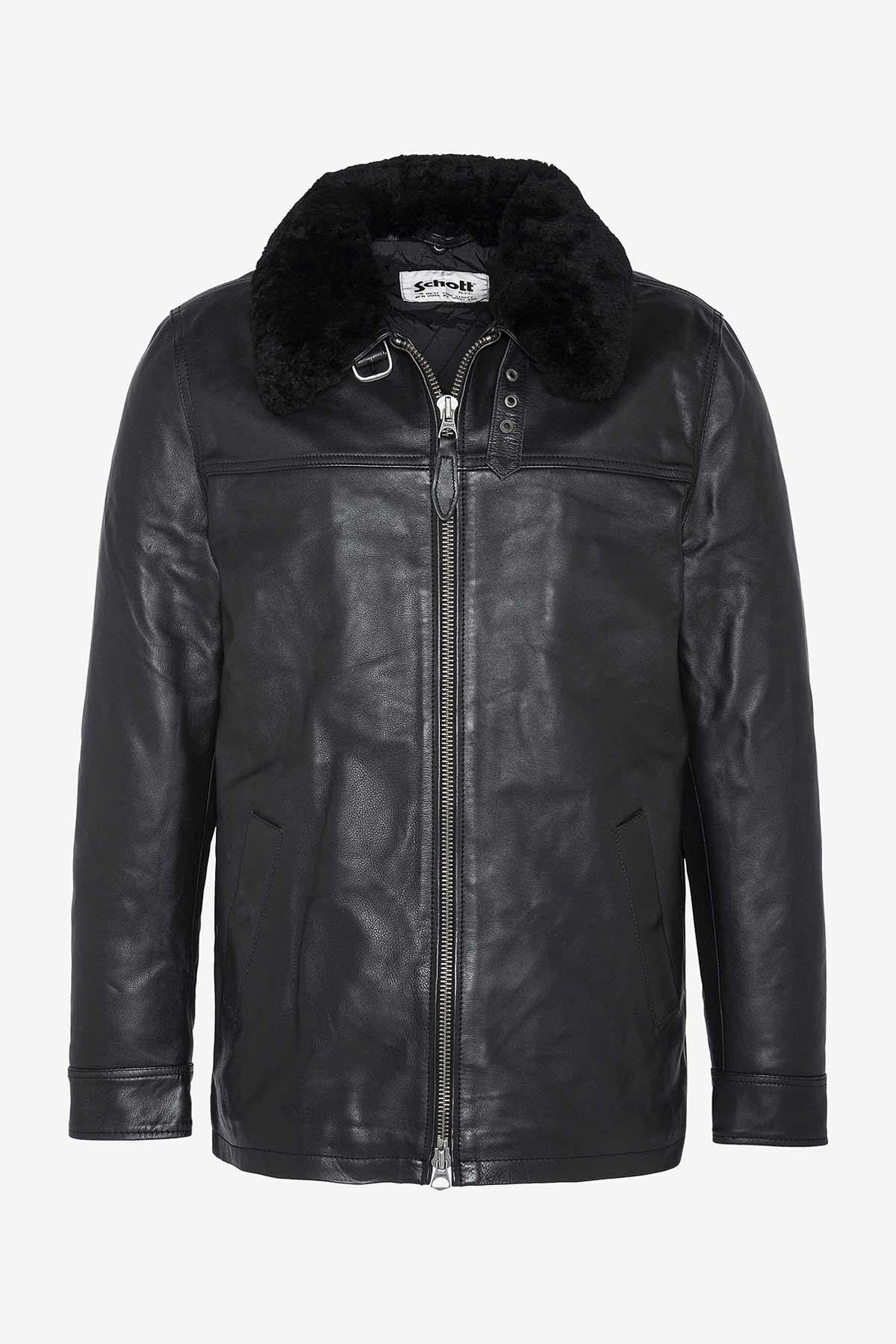 Straight cowhide leather jacket with removable fur collar - Image n°7