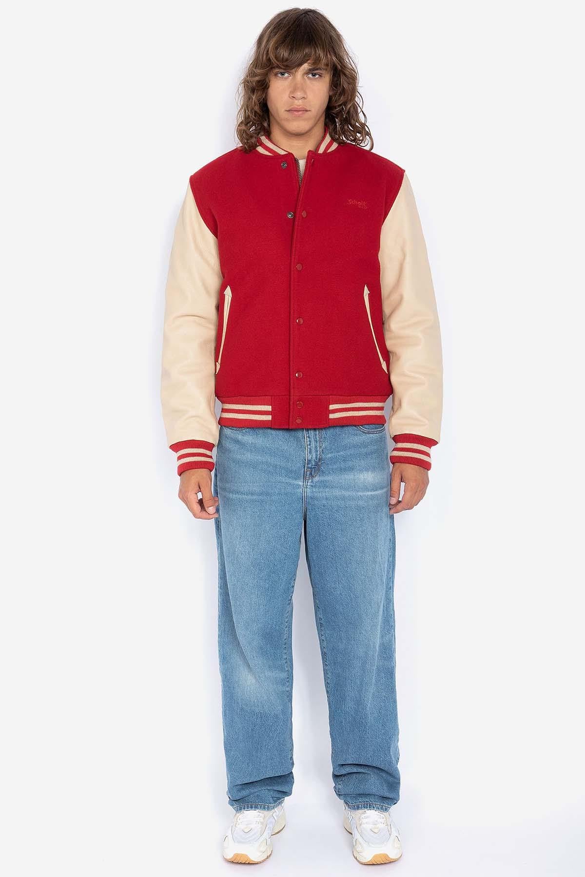 Varsity teddy in beige leather and red wool - Image n°4