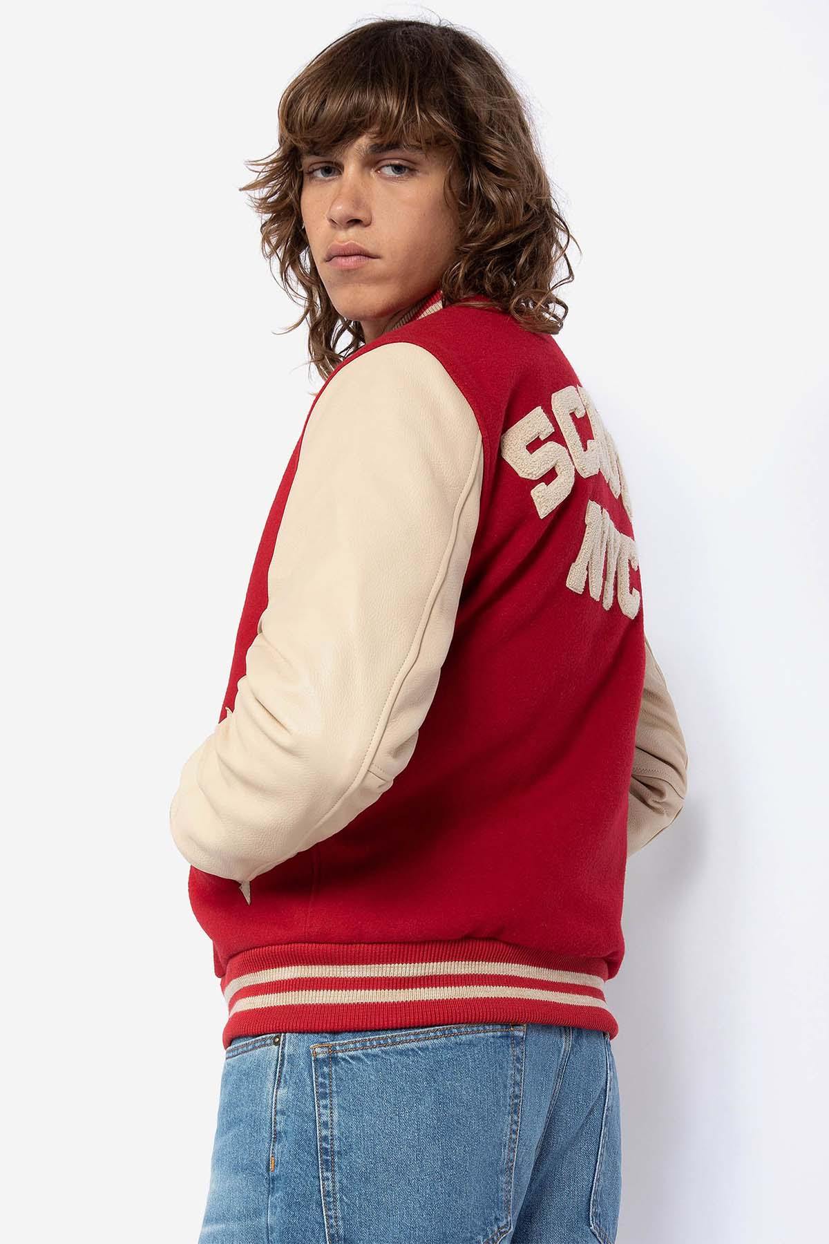 Varsity teddy in beige leather and red wool - Image n°2