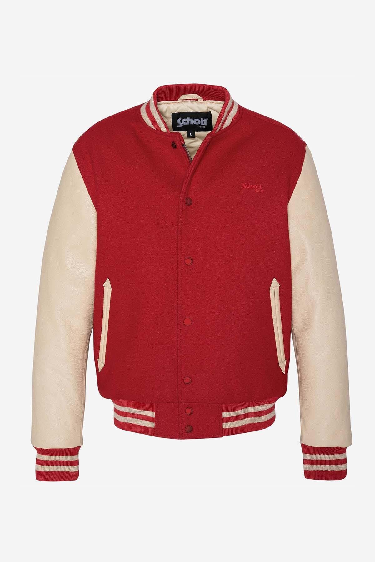 Varsity teddy in beige leather and red wool - Image n°5