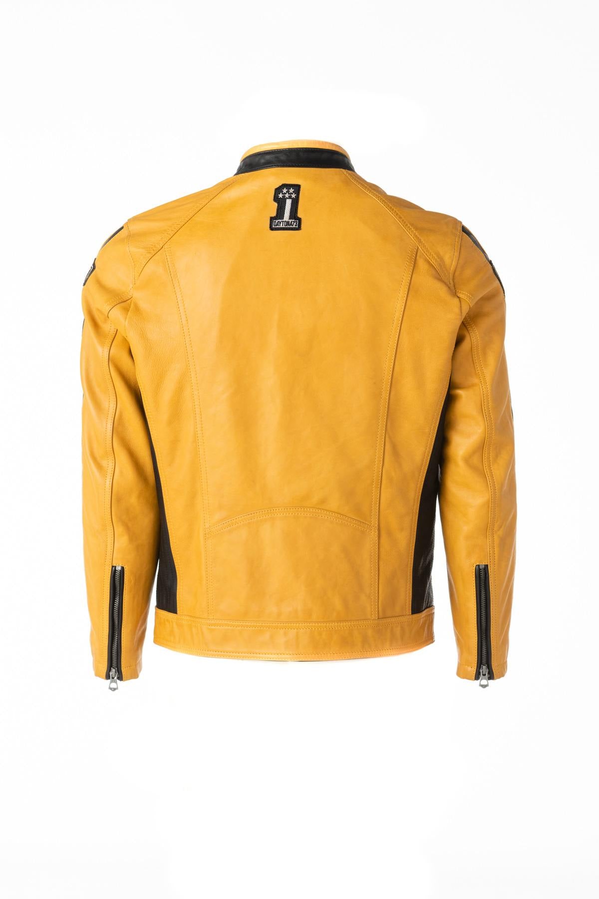 Yellow biker style leather jacket - Image n°2