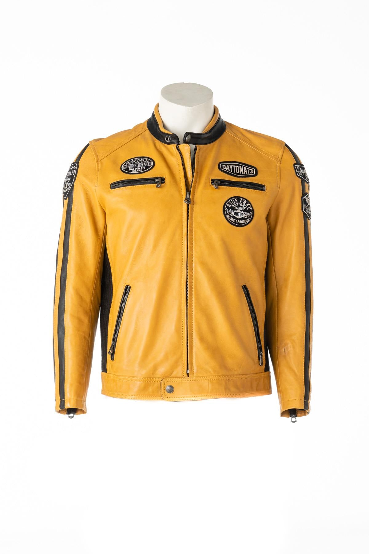 Yellow biker style leather jacket - Image n°1