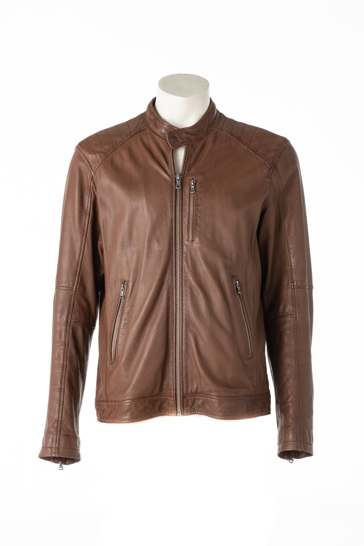 Round-neck sheepskin leather jacket - Image n°1