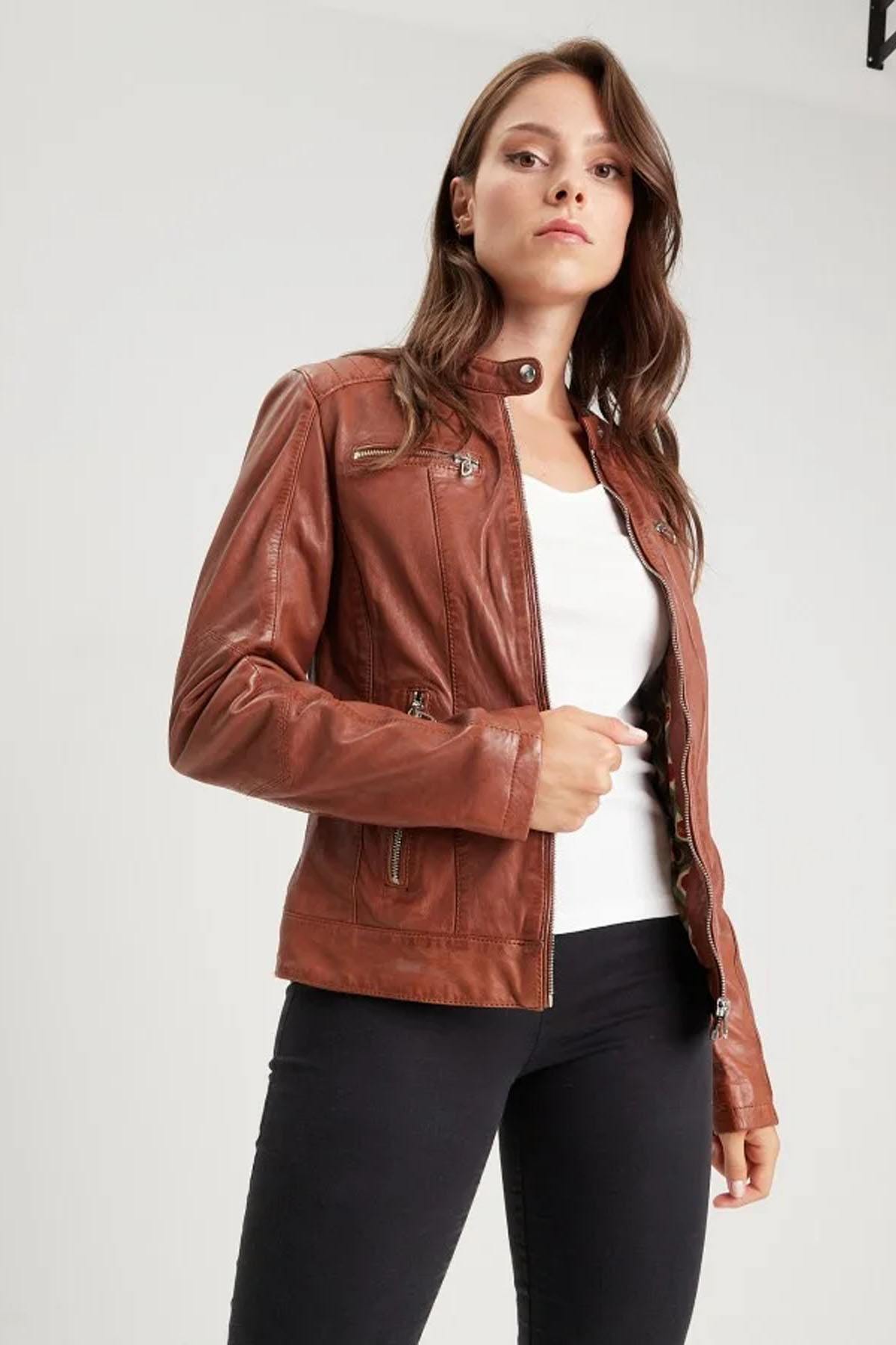 Women's cognac leather jacket - Image n°1