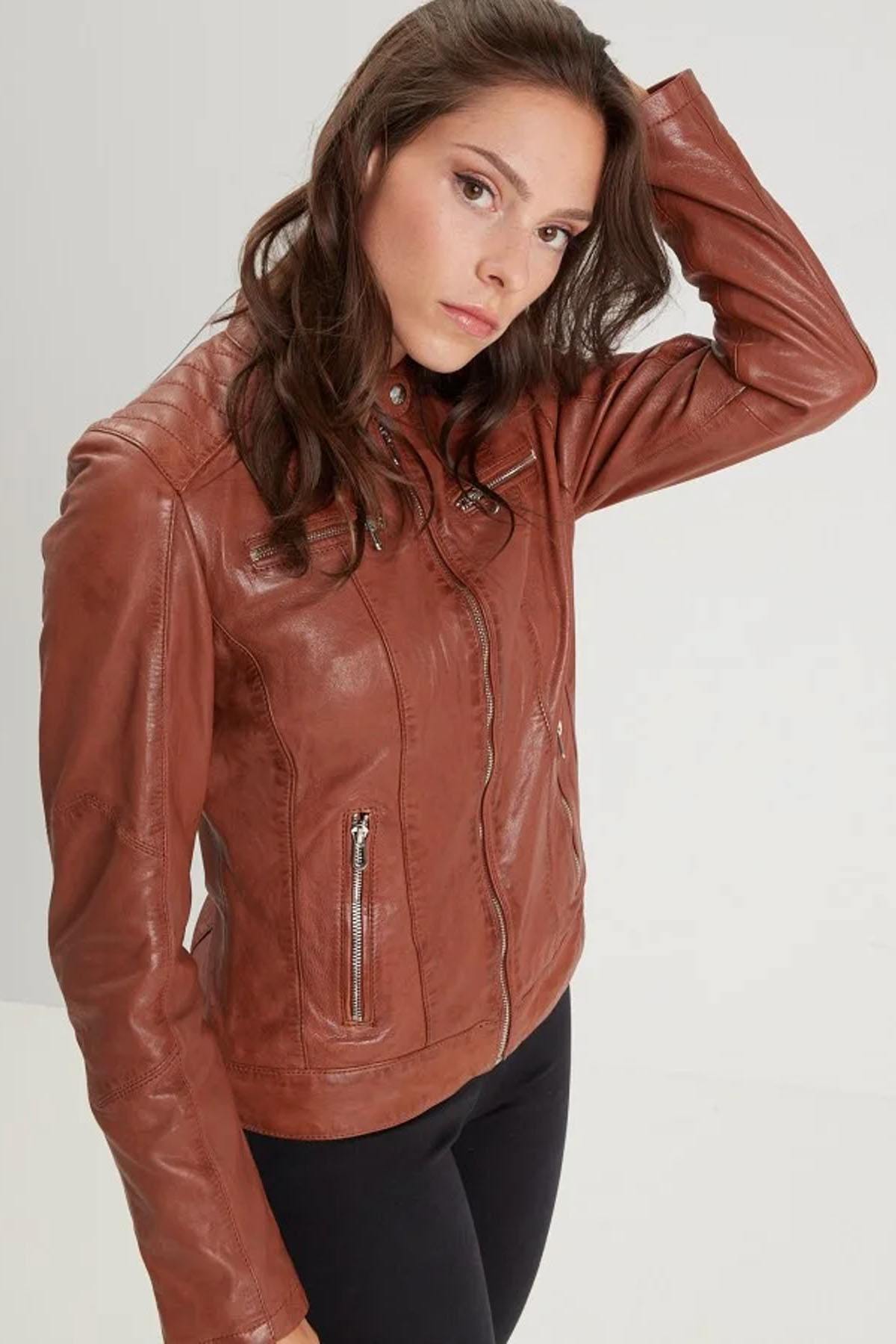 Women's cognac leather jacket - Image n°2