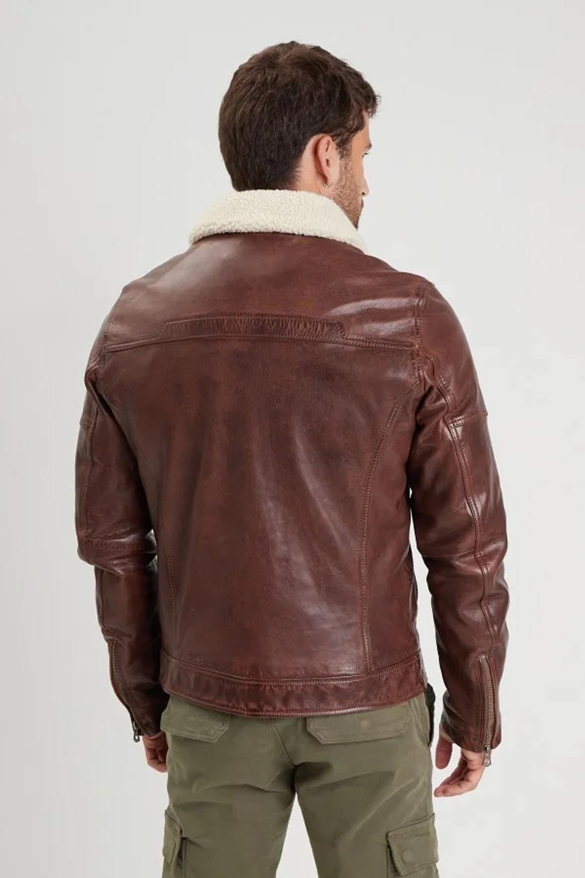 Brown washed lambskin leather jacket with faux fur collar - Image n°4