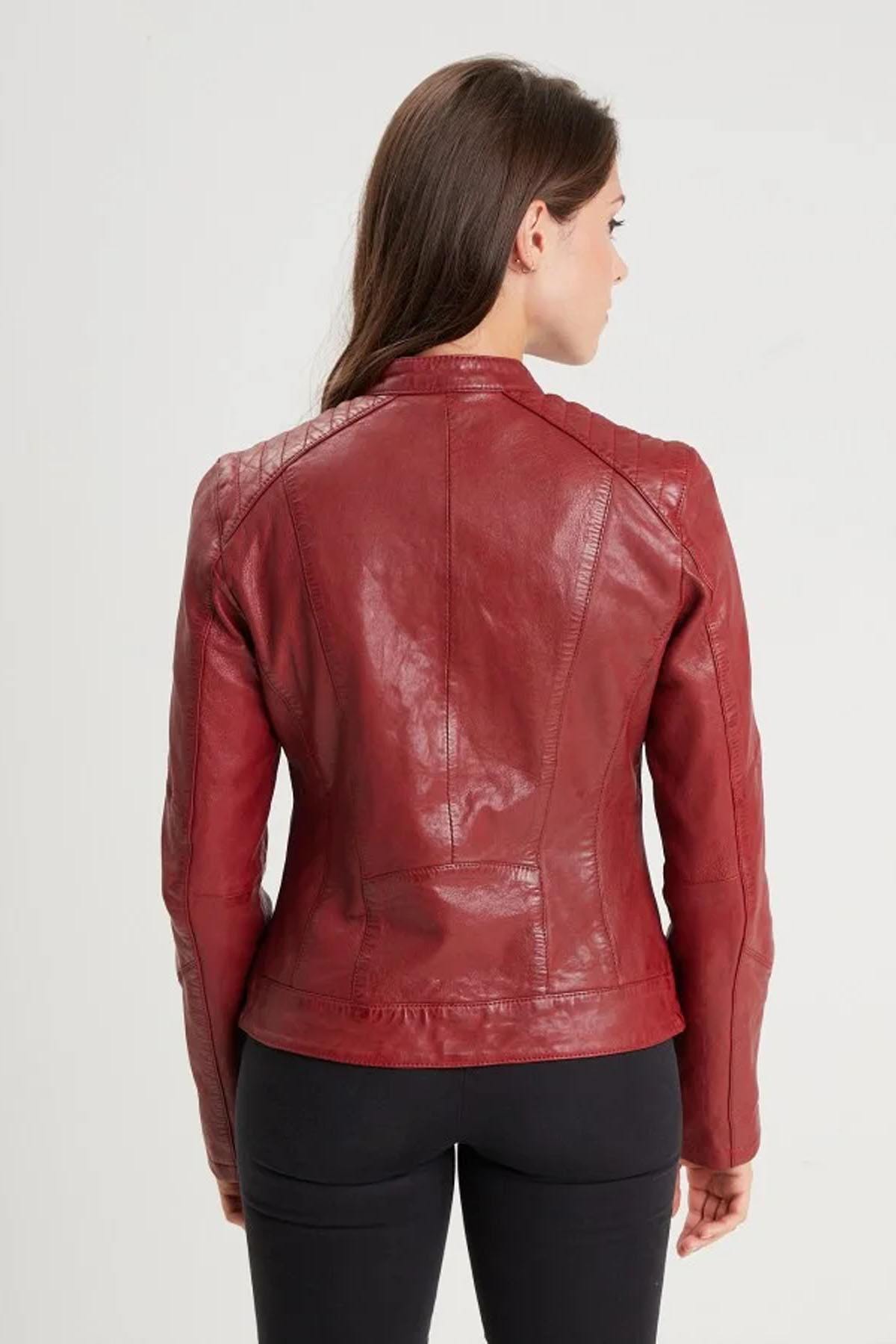 Red leather biker collar jacket - Image n°3