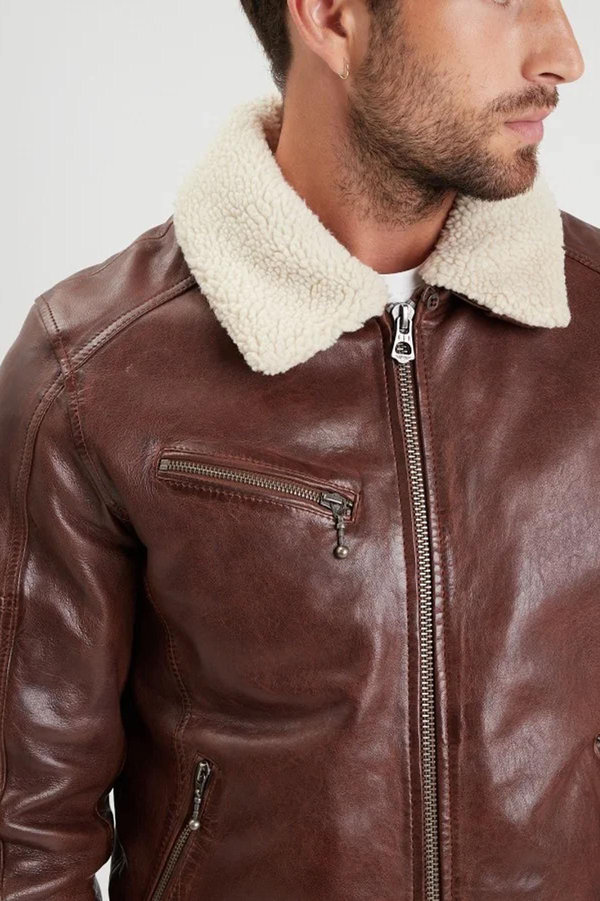 Brown washed lambskin leather jacket with faux fur collar - Image n°5